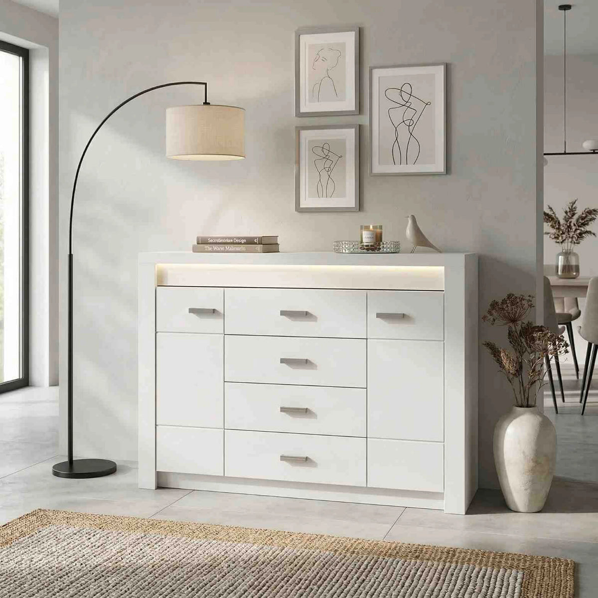 Comoda INFINITY 07, frasin alb, PAL melaminat, 137x42x104 cm