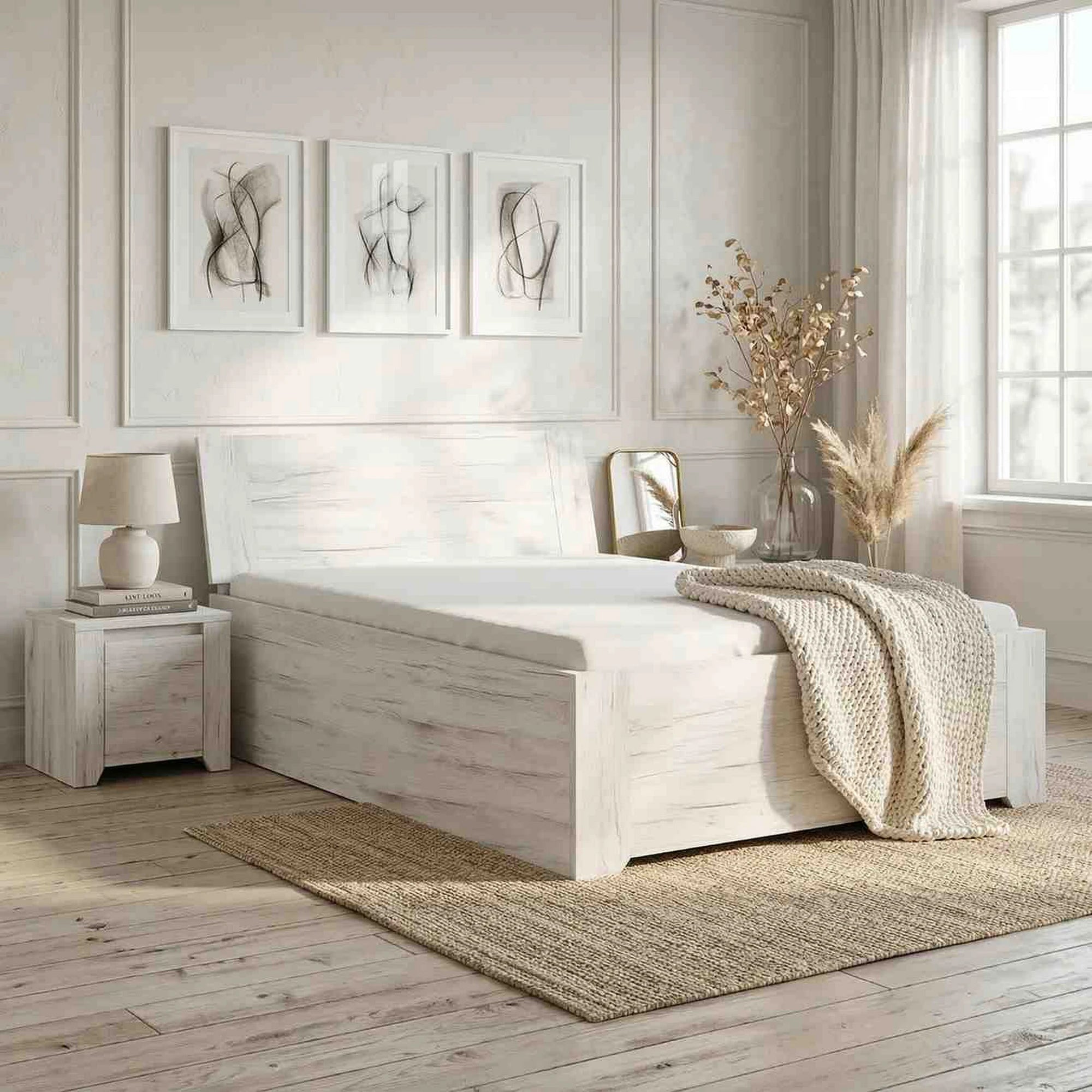 Cadru pat ANGEL 90x200 cm, alb craft, PAL melaminat, cu spatiu depozitare