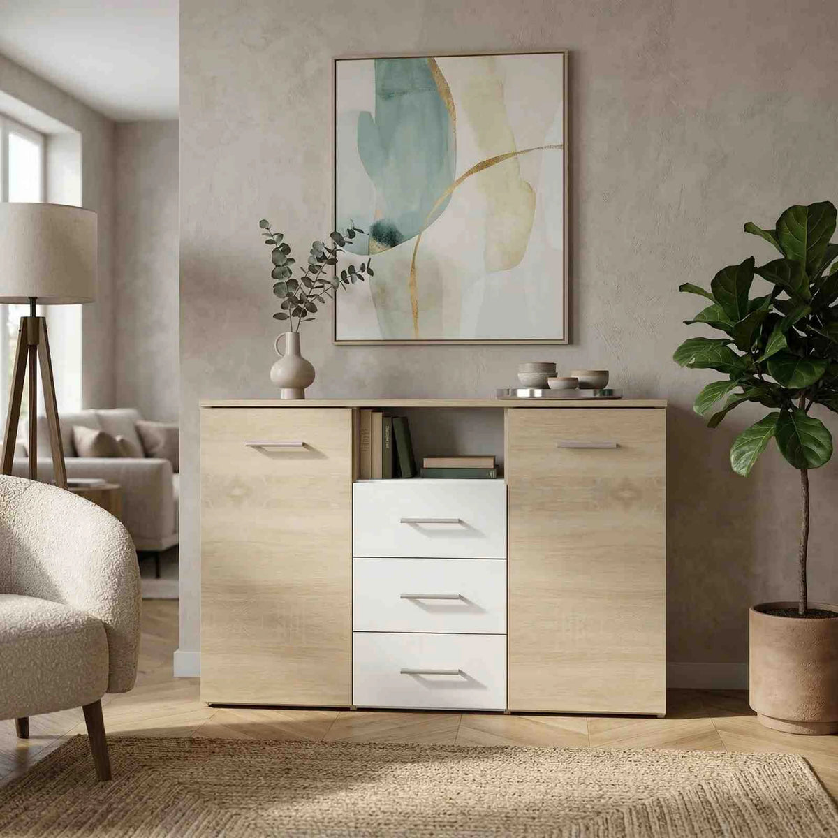 Comoda GABRIELA, stejar sonoma/alb, PAL laminat, 120x38x80 cm