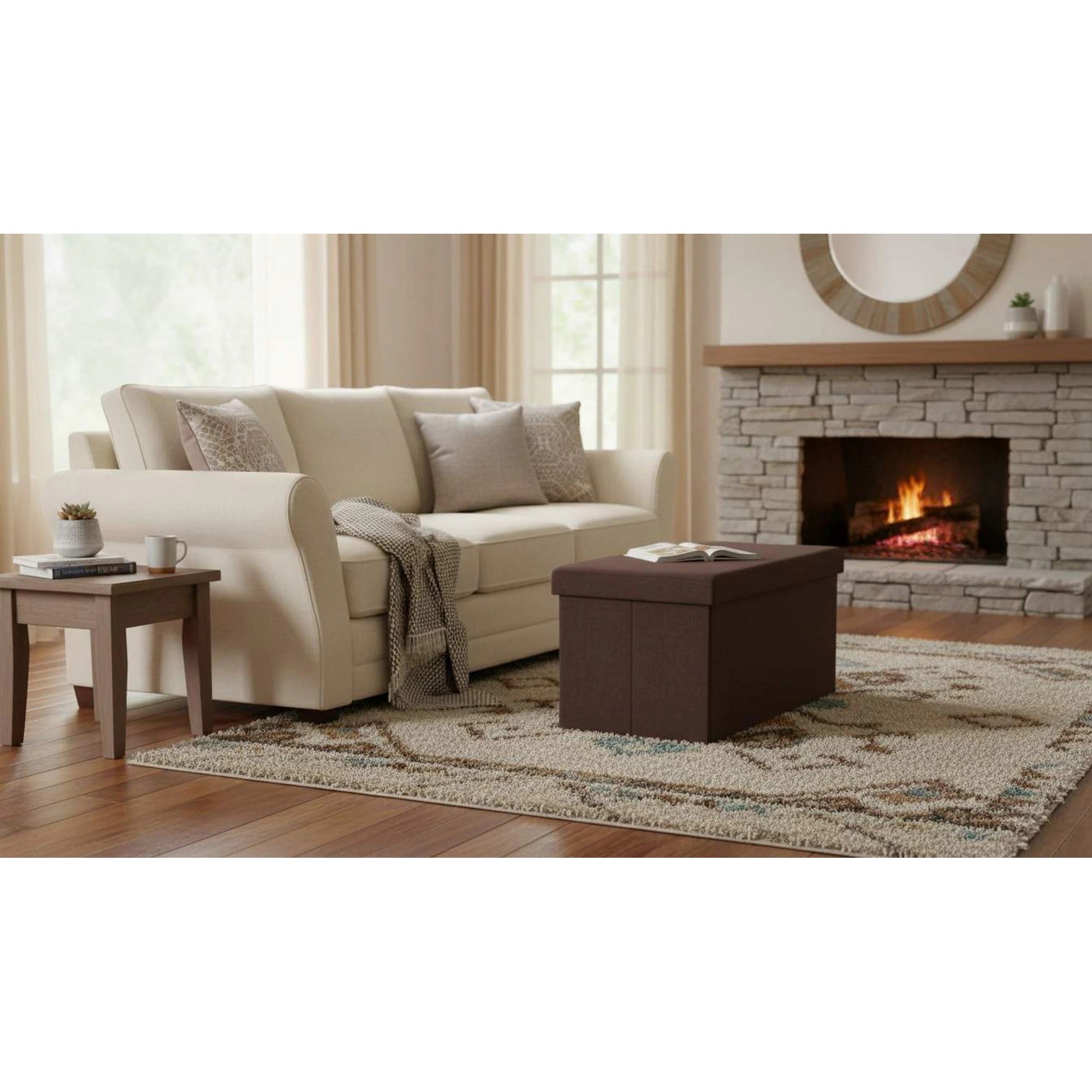 Taburet pliabil ORELIA, stofa clasica maro, cu spatiu depozitare, 76x38x38 cm