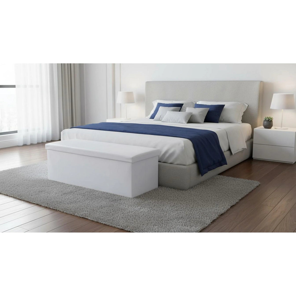Taburet pliabil ZAMIRA, alb, piele ecologica, cu spatiu depozitare, 114x38x38 cm