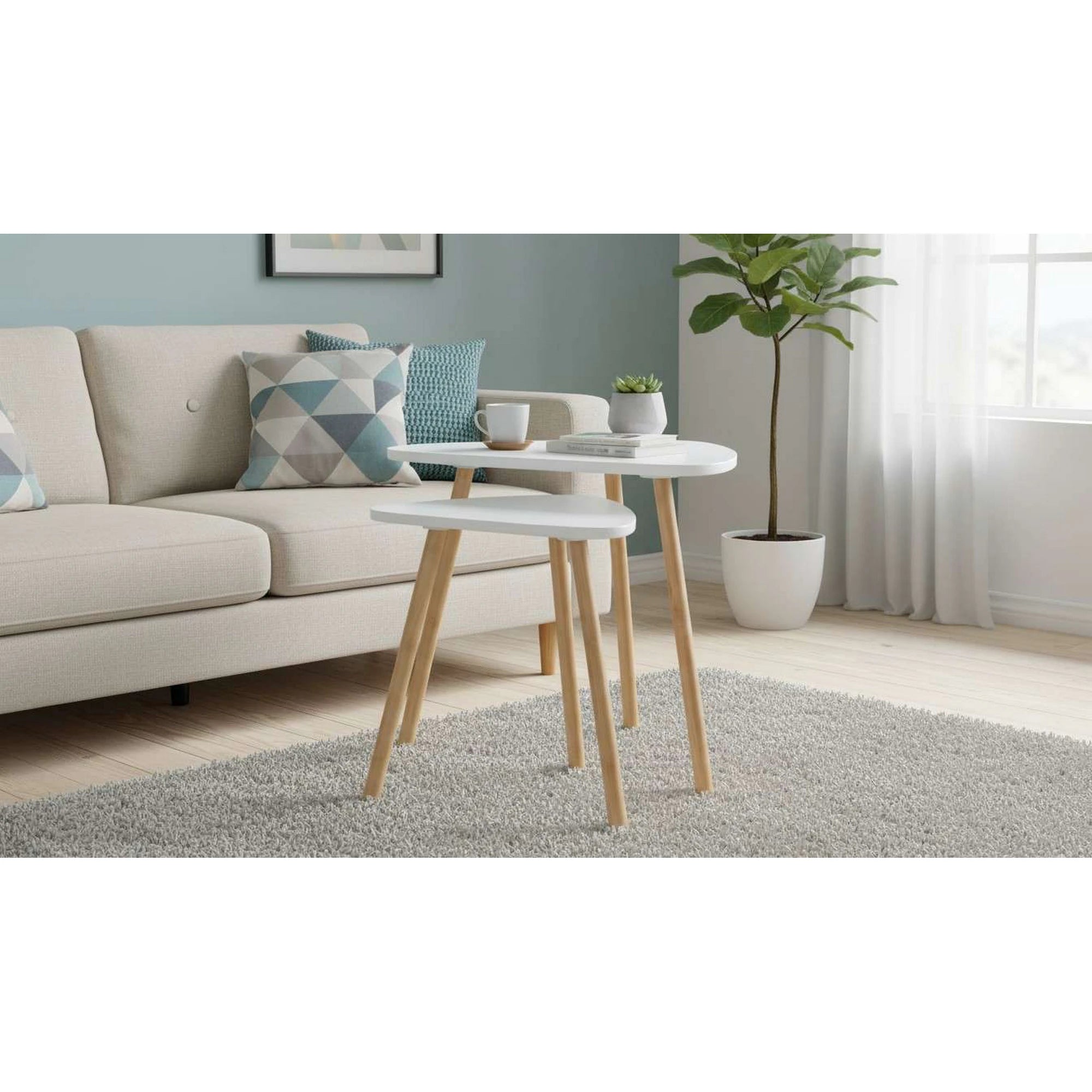 Set 2 masute cafea BISMAK, alb/stejar