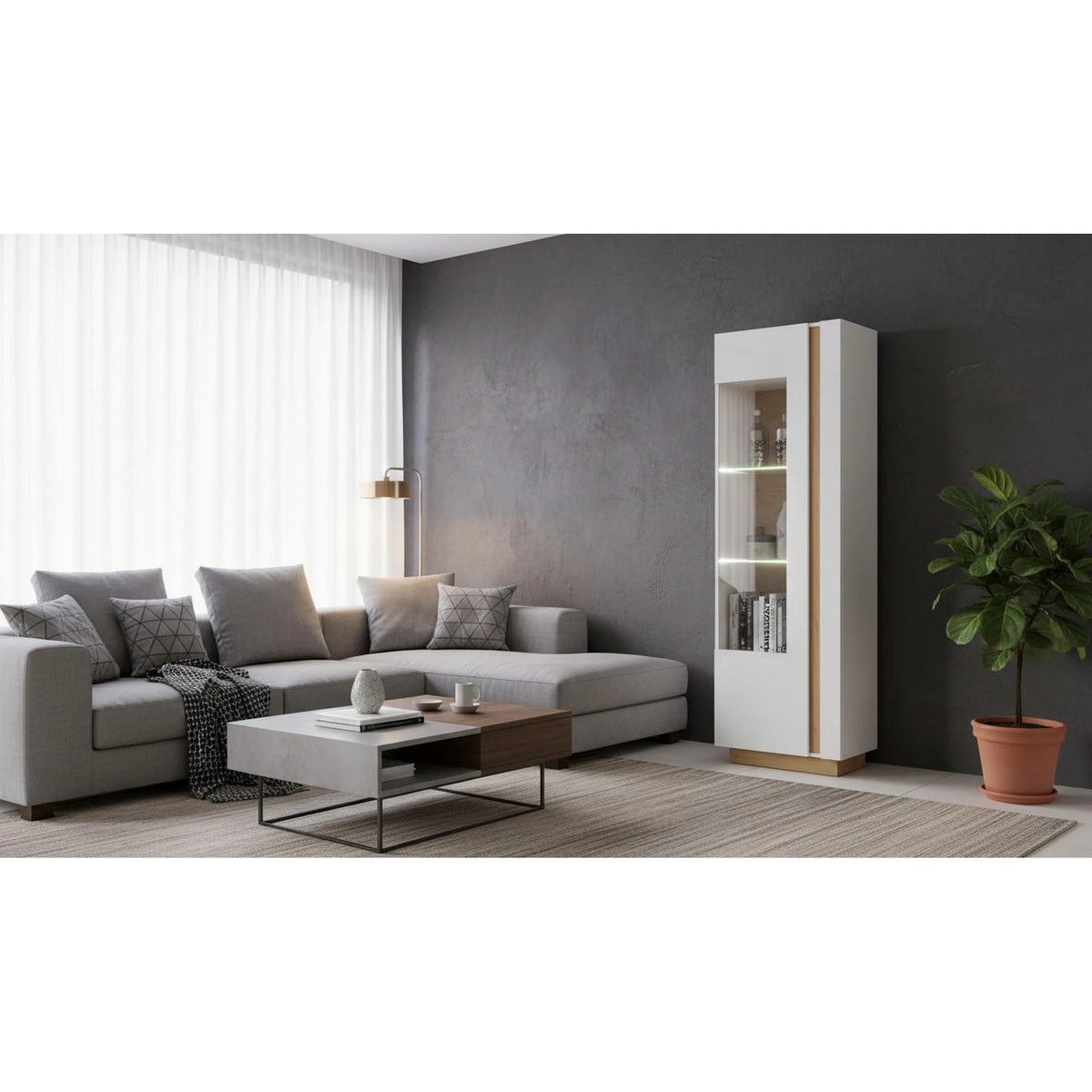 Vitrina CITY, alb/stejar, PAL melaminat/sticla, 60x40x194 cm