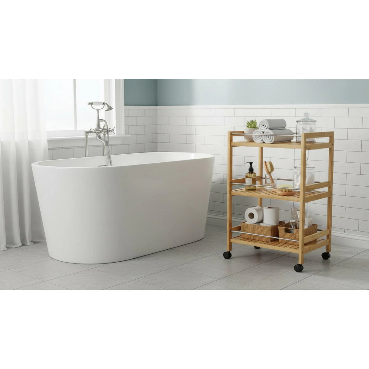 Carucior servire NASHY, stejar/negru, lemn de bambus/otel, 47x38x76 cm