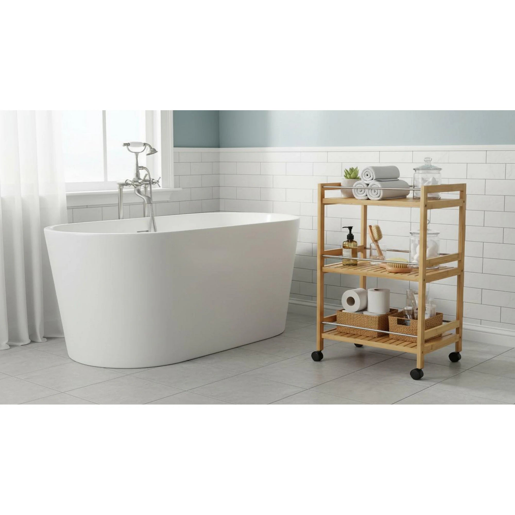 Carucior servire NASHY, stejar/negru, lemn de bambus/otel, 47x38x76 cm