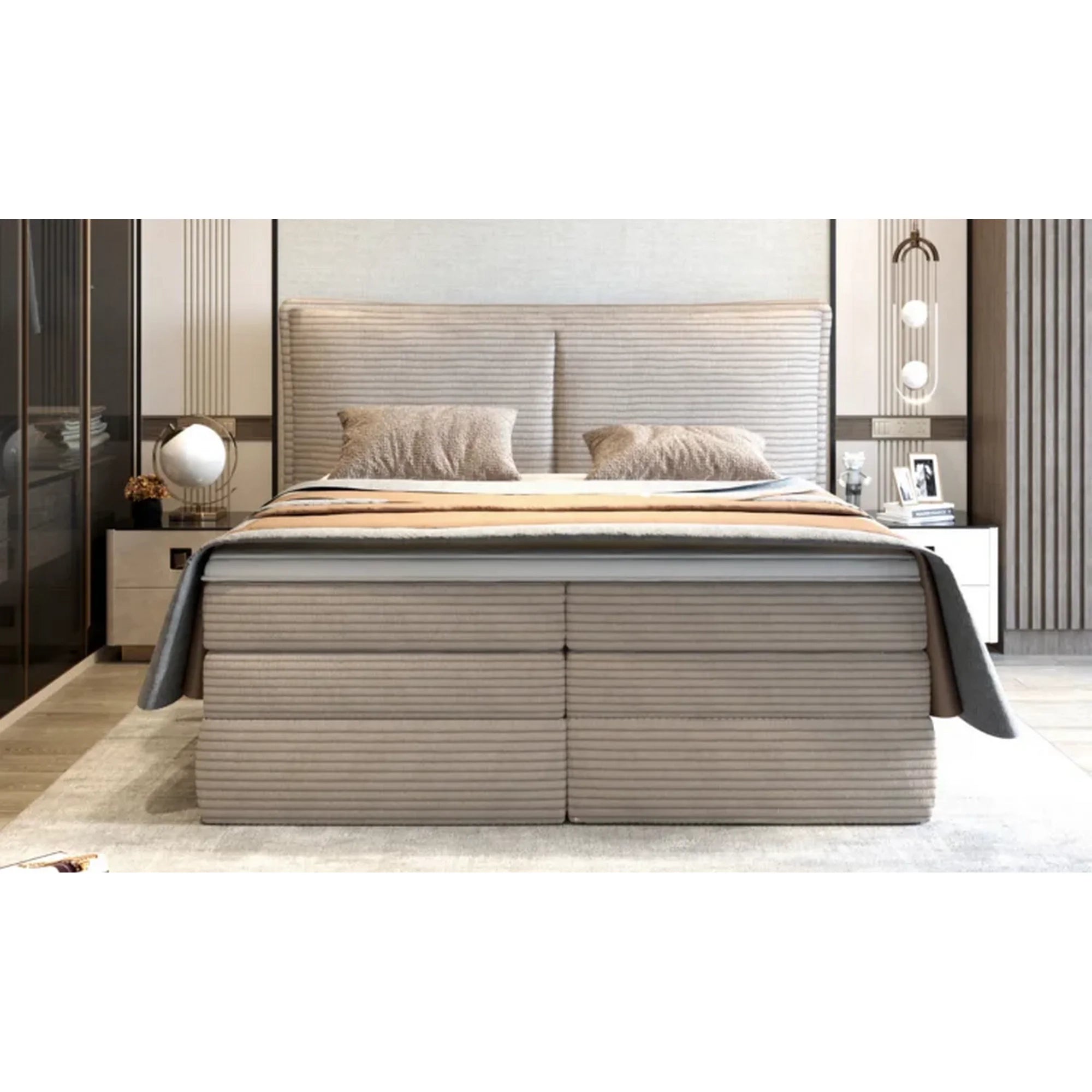 Pat boxspring MADDEN 160x200, personalizabil materiale Gama Premium, 2 lazi depozitare, cu saltele si topper