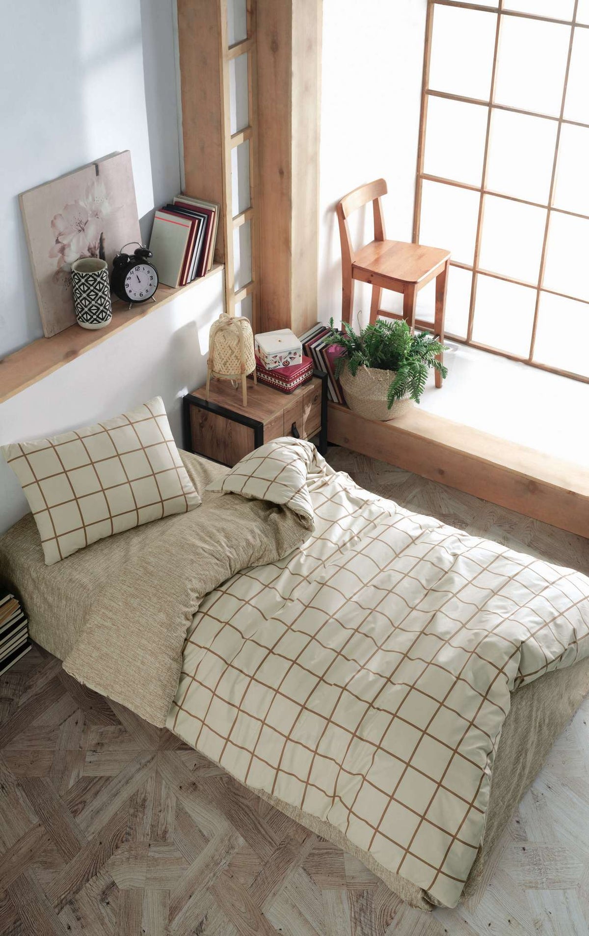 Set lenjerie pat single ranforce, Kare - Cream, Crem