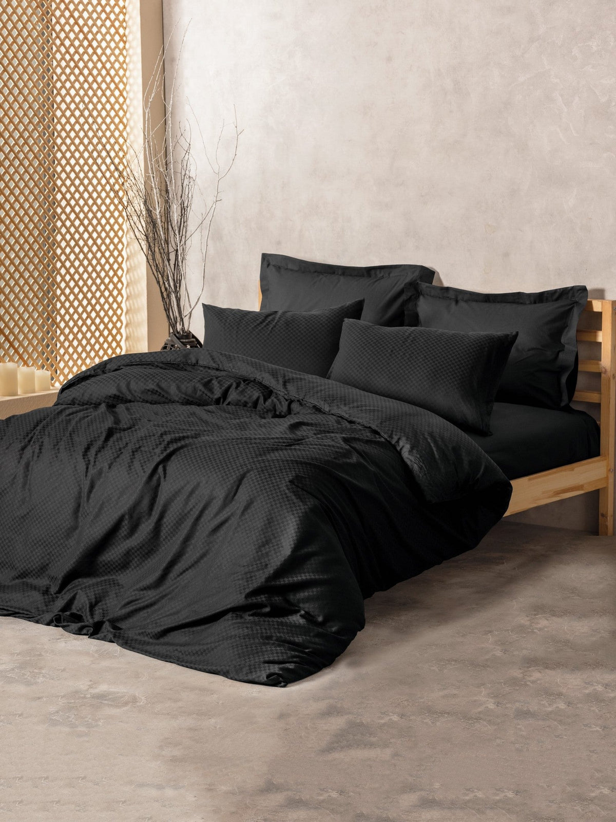 Set lenjerie pat dublu ranforce, Plaid - Black, Negru