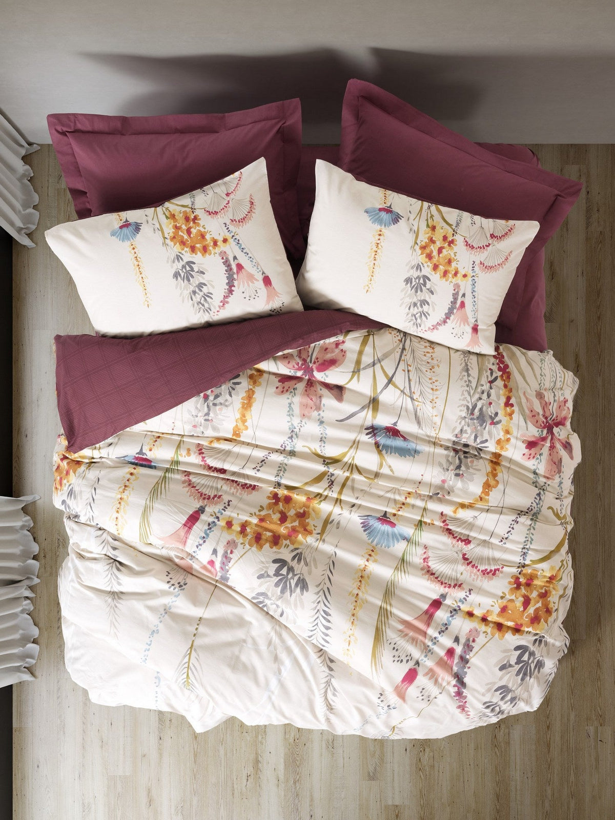 Set lenjerie pat single ranforce, Flos - Claret Red, Roșu Bordo
