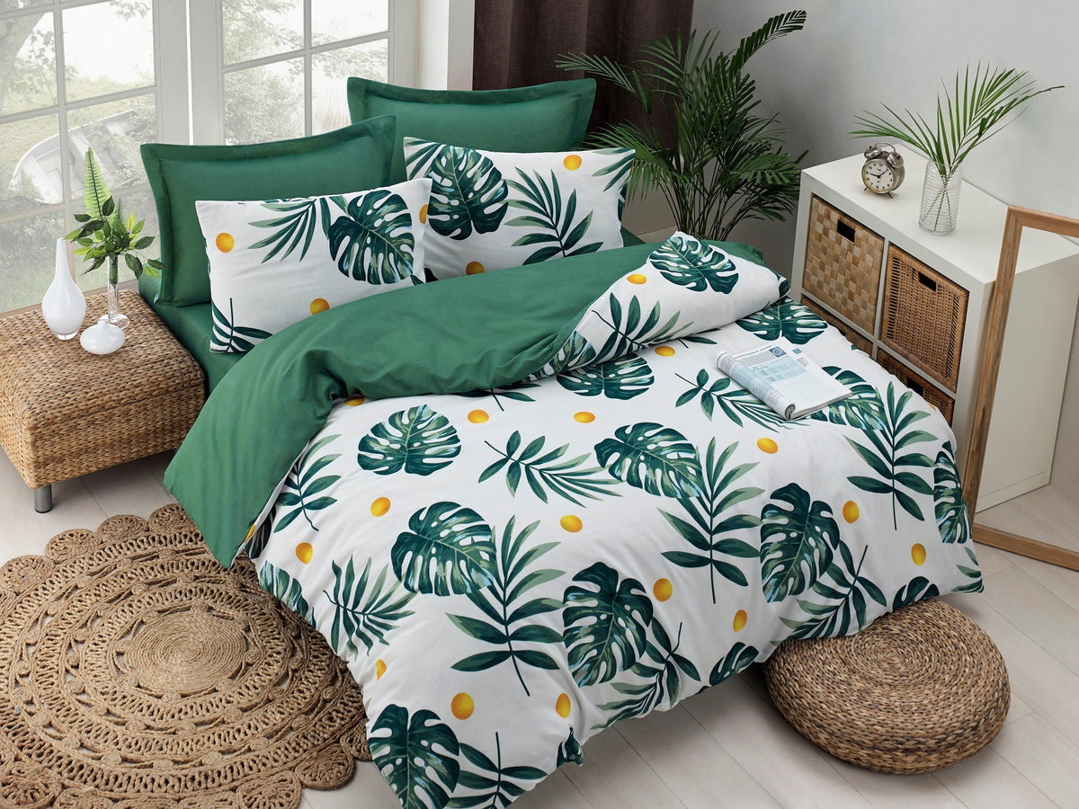 Set husă pilotă pat dublu, Monstera - Green, Alb / Verde / Galben