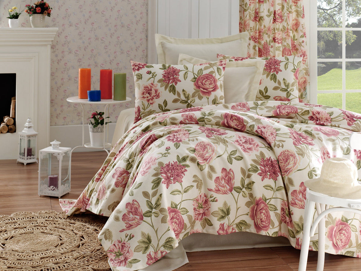 Set cuvertură pichet pat dublu, Care - Pink v2, Roz / Crem / Verde