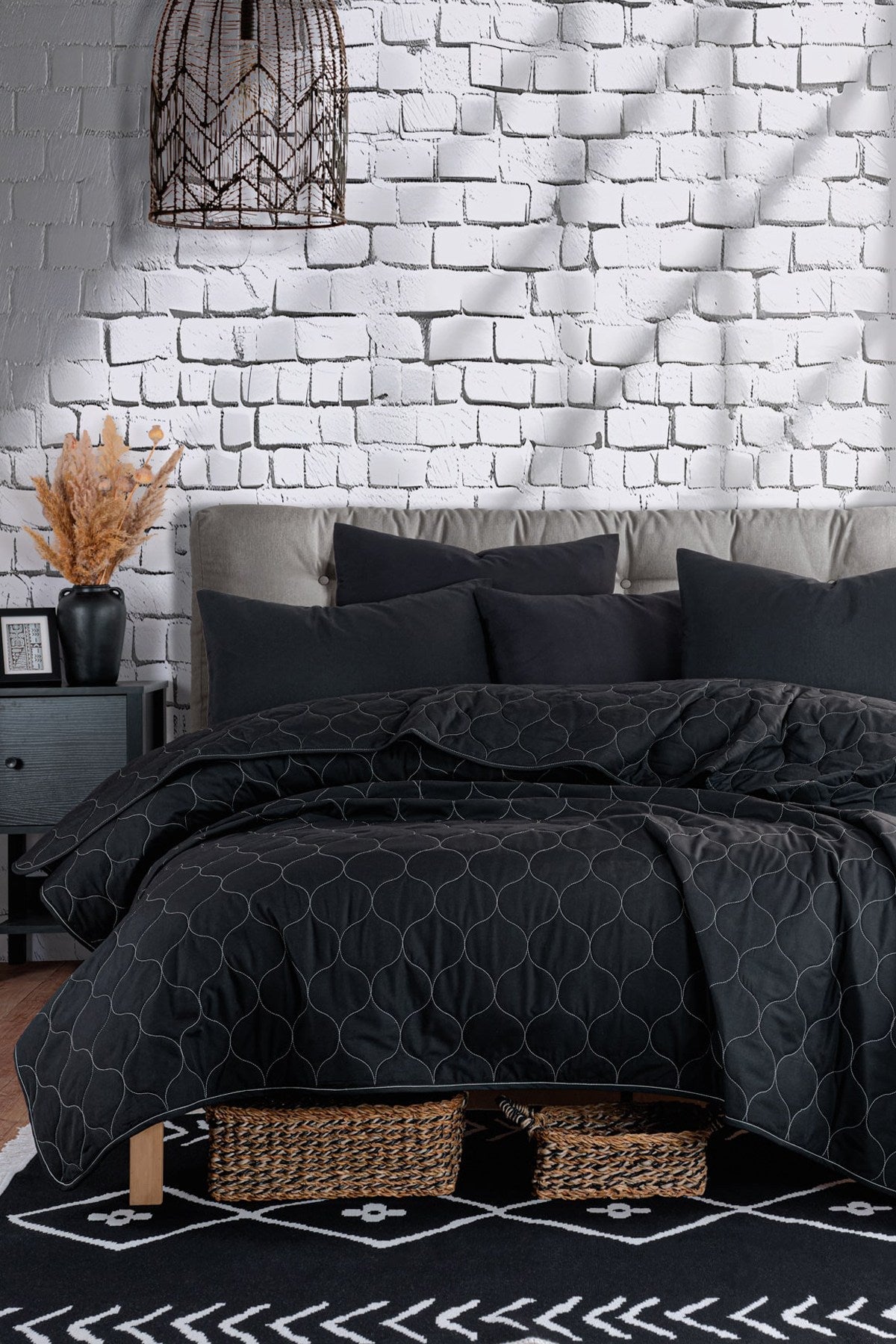 Set cuvertură pat dublu, Solid - Black, Negru