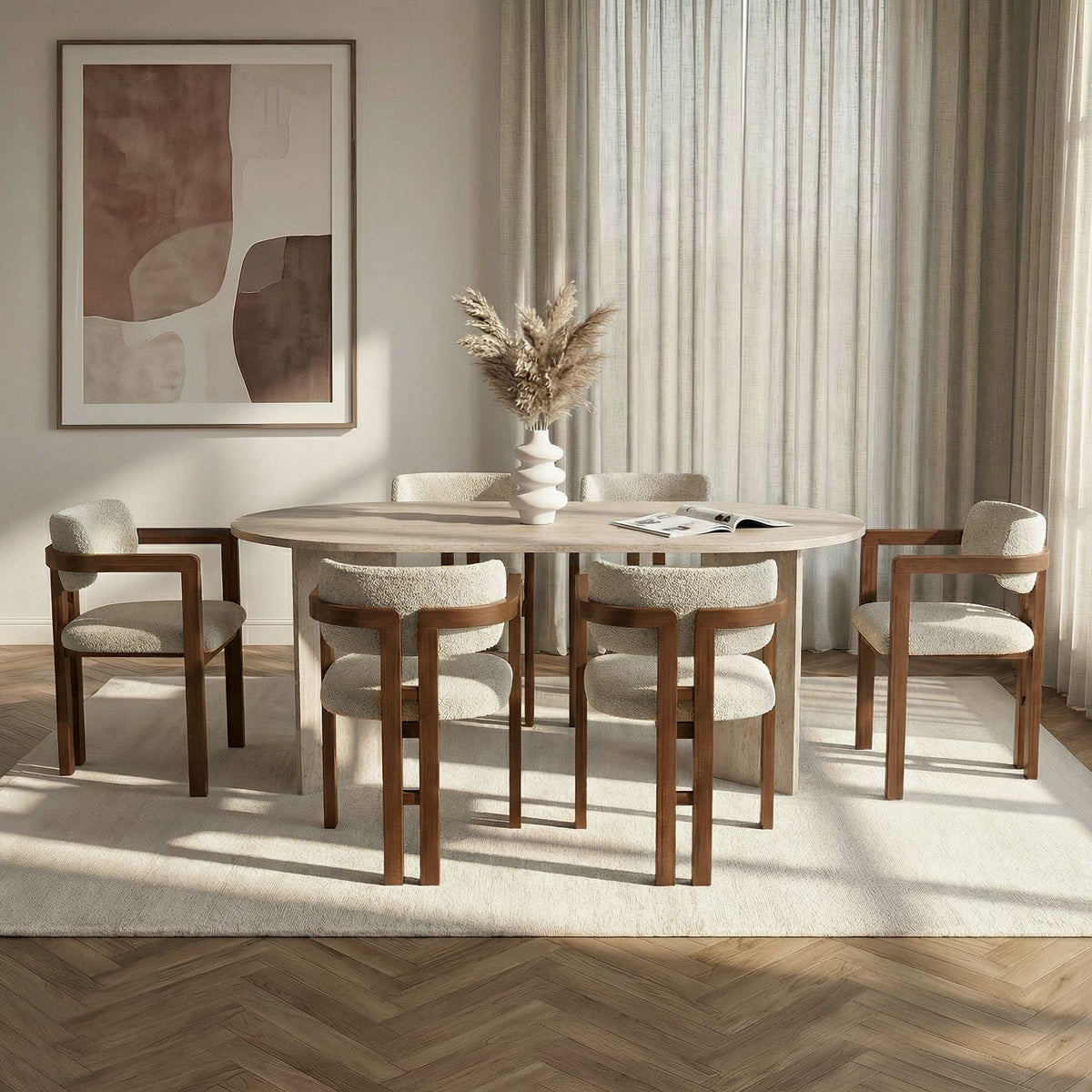 Set masă și scaune dining (7 piese), Meridia 6 - Travertine, Walnut, White, Travertin / Nuc / Alb