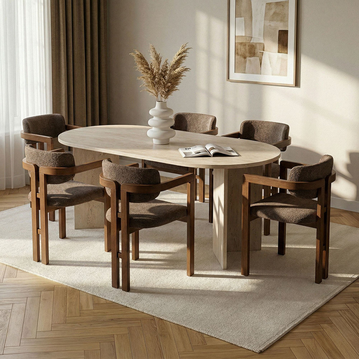 Set masă și scaune dining (7 piese), Meridia 6 - Travertine, Walnut, Brown, Travertin / Nuc / Maro