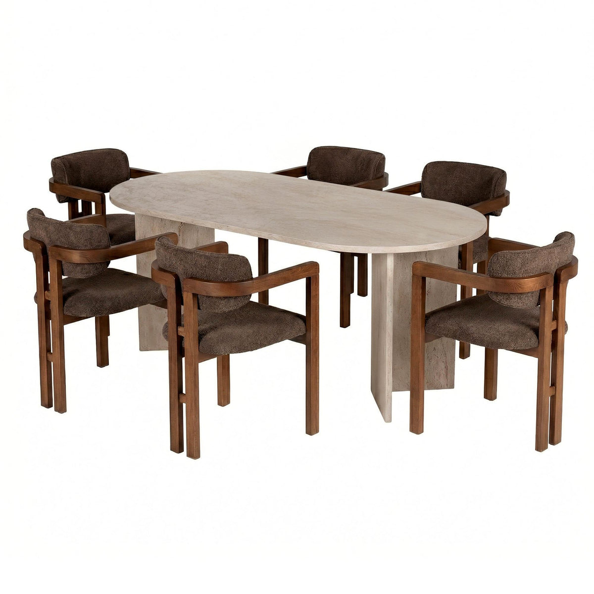 Set masă și scaune dining (7 piese), Meridia 6 - Travertine, Walnut, Brown, Travertin / Nuc / Maro