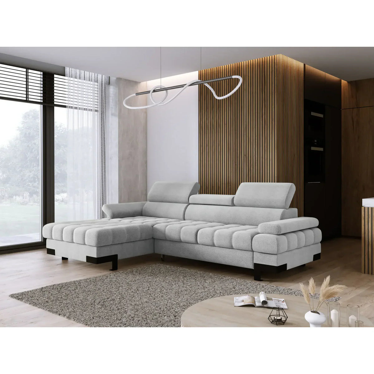 Coltar extensibil cu lada SELVA MINI, sezlong stanga, stofa catifelata bej - Whisper 3, Gama Premium, cu tetiere reglabile, 270x173x95 cm