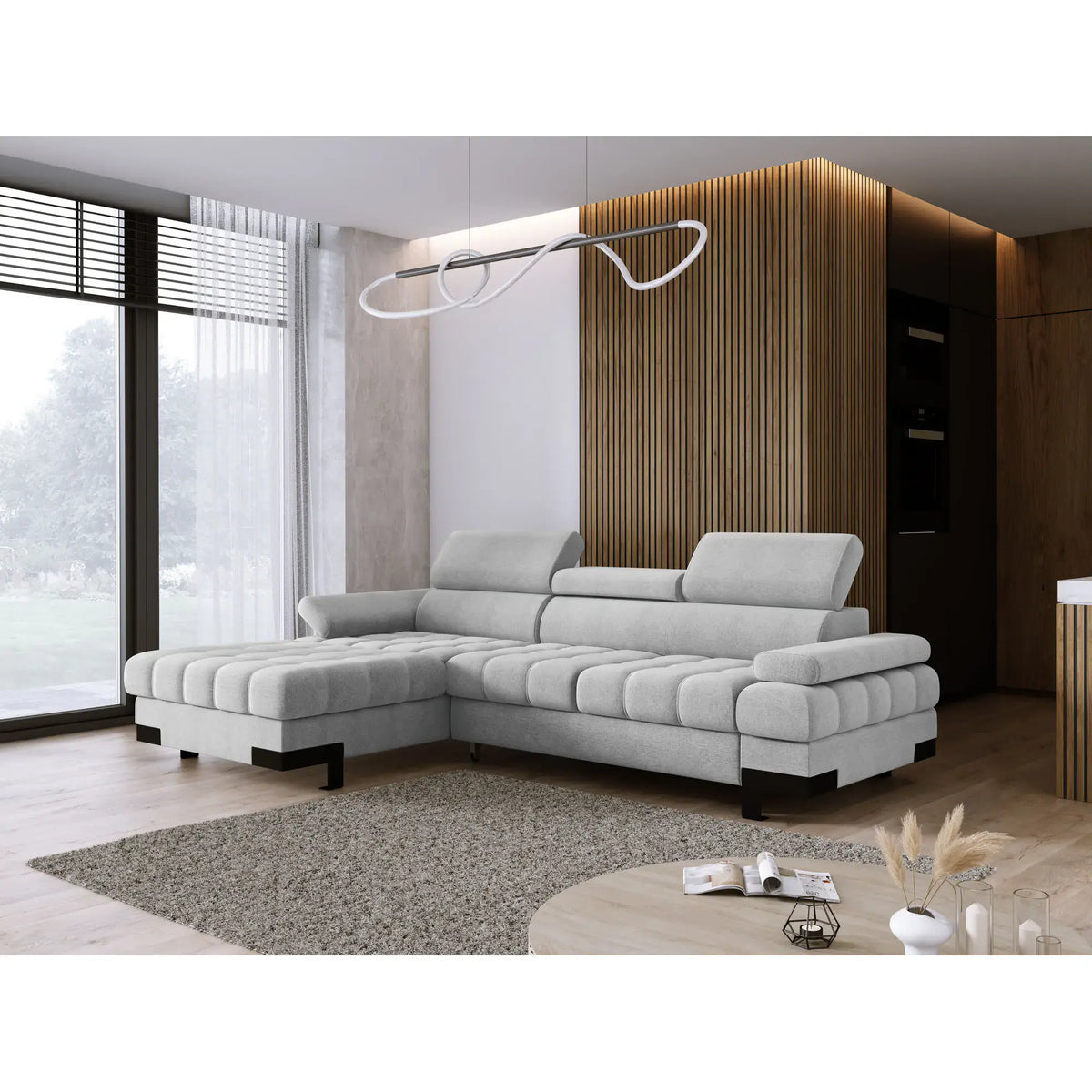 Coltar extensibil SELVA MINI, sezlong stanga, stofa catifelata verde menta, Gama Premium, cu lada depozitare, 270x173x95 cm