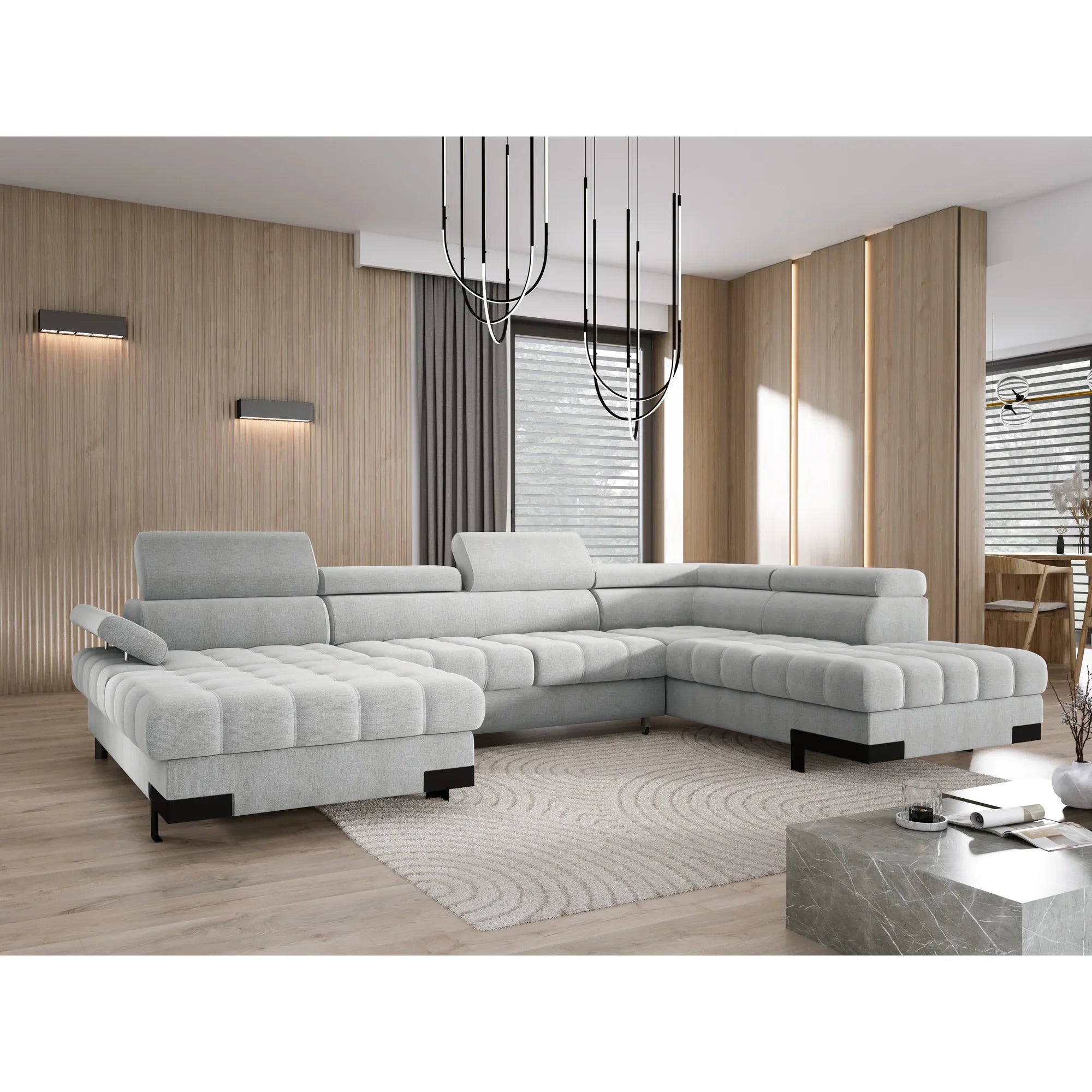 Coltar extensibil cu lada SELVA XL, sezlong dreapta, stofa catifelata verde - Riviera 38, Gama Premium, cu tetiere reglabile, 339x223x95 cm