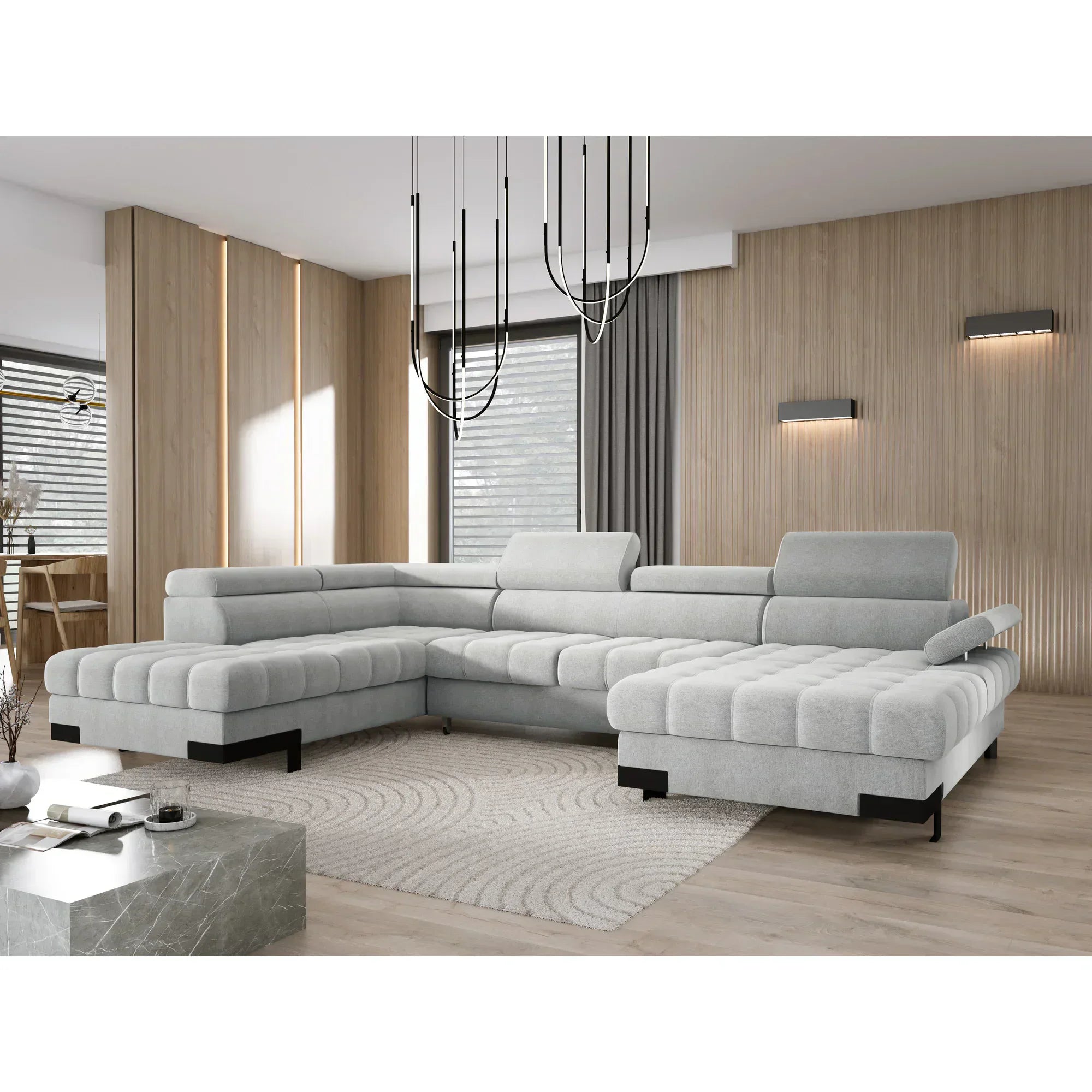 Coltar extensibil cu lada SELVA XL, sezlong stanga, stofa catifelata bej - Riviera 16, Gama Premium, tetiere reglabile, 339x223x95 cm