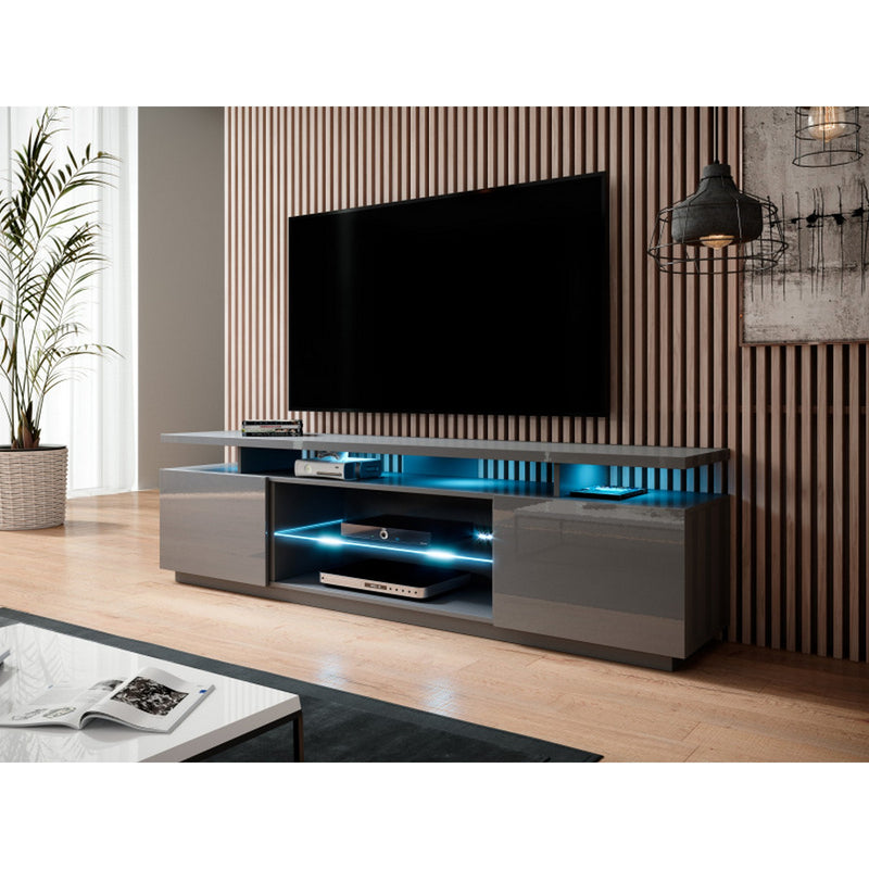 Comoda TV EVA, gri grafit, PAL laminat, cu 2 usi, cu iluminare led, 180x40x56 cm