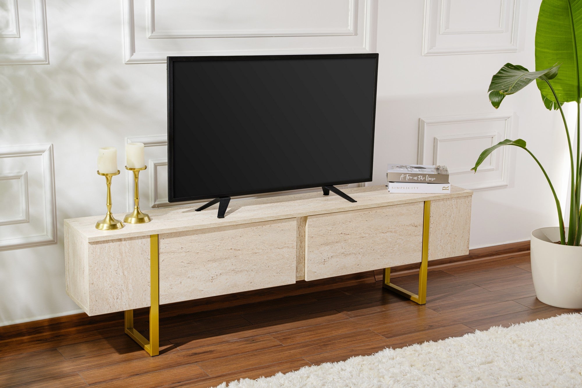 Comodă TV, Serenity - Travertine, Gold, Travertin / Auriu