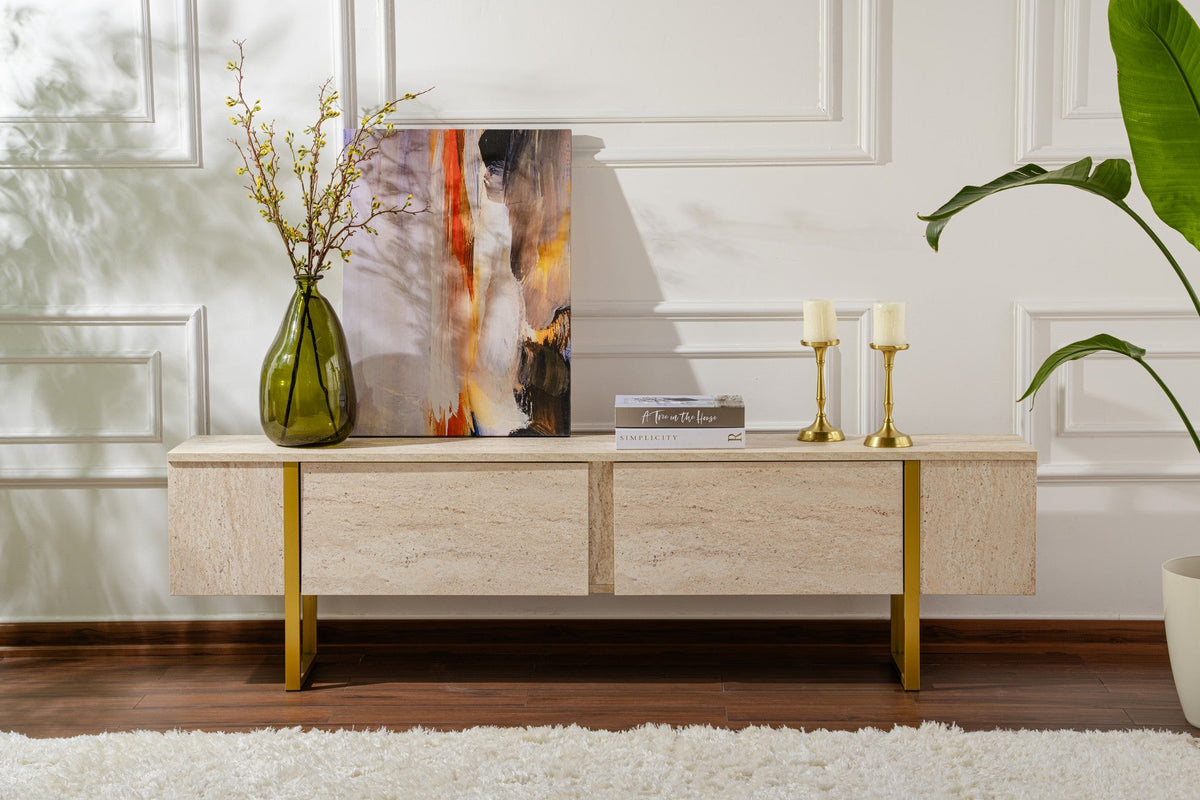 Comodă TV, Serenity - Travertine, Gold, Travertin / Auriu