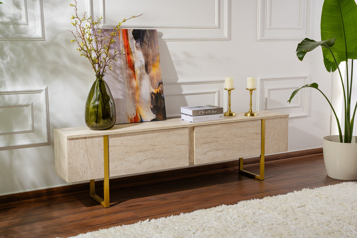 Comodă TV, Serenity - Travertine, Gold, Travertin / Auriu