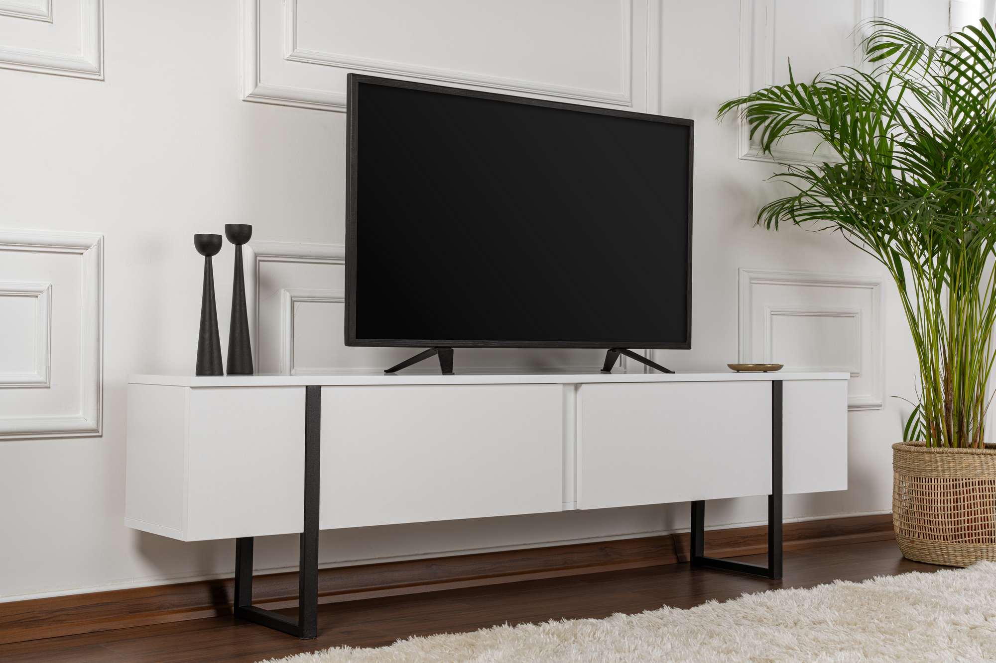 Comodă TV, Serenity - White, Black, Alb / Negru