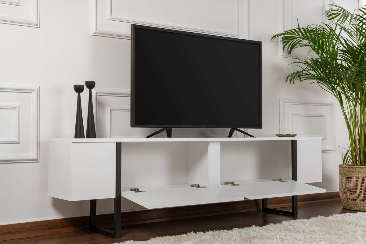 Comodă TV, Serenity - White, Black, Alb / Negru