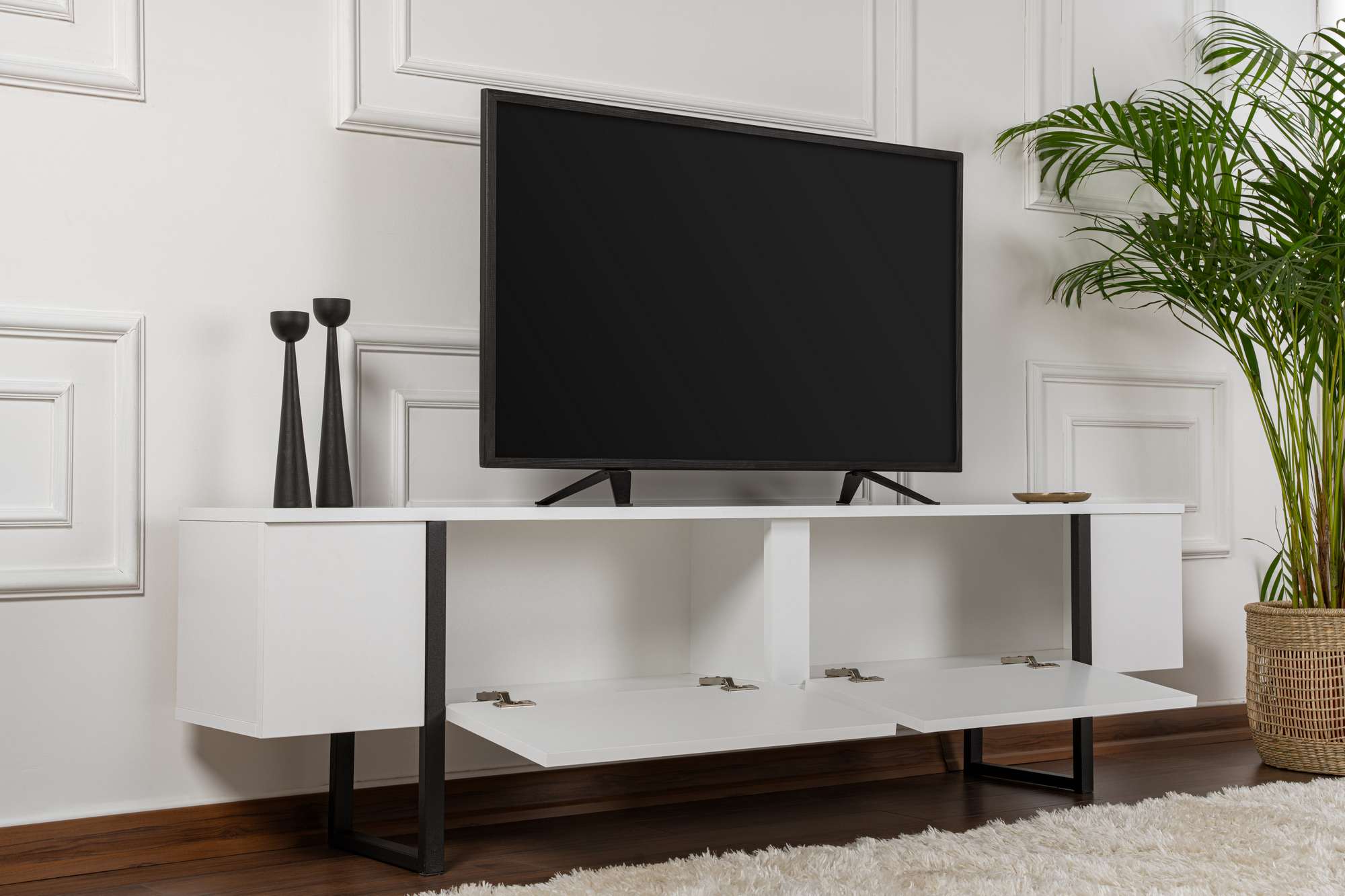 Comodă TV, Serenity - White, Black, Alb / Negru