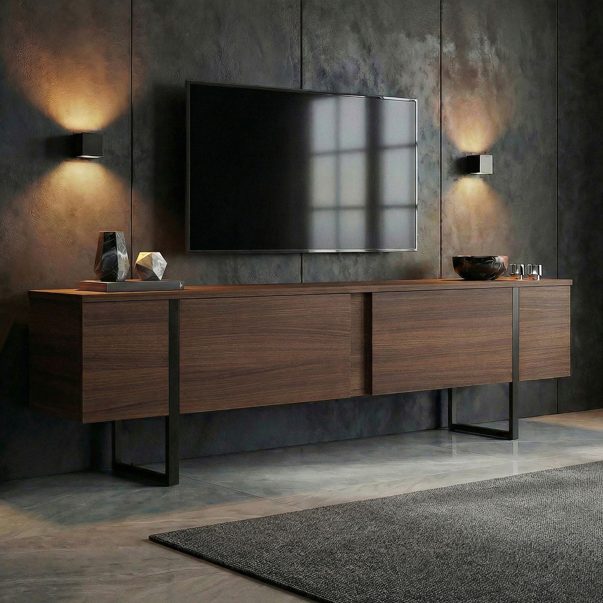 Comodă TV, Onera - Milano Walnut, Black, Nuc Milano / Negru