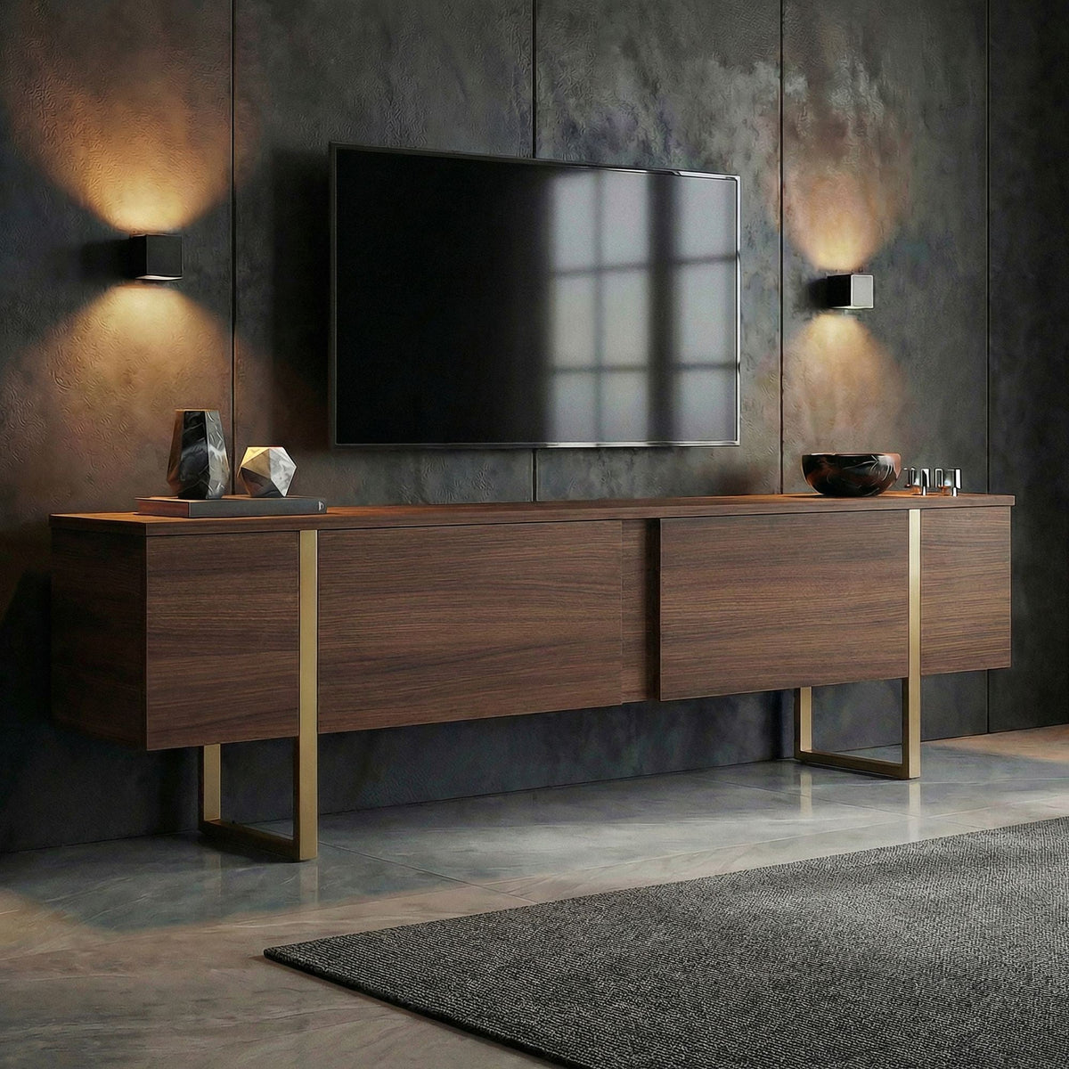 Comodă TV, Onera - Milano Walnut, Gold, Nuc Milano / Auriu