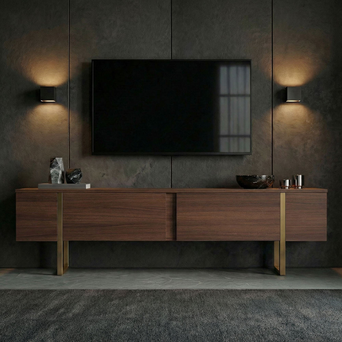Comodă TV, Onera - Milano Walnut, Gold, Nuc Milano / Auriu