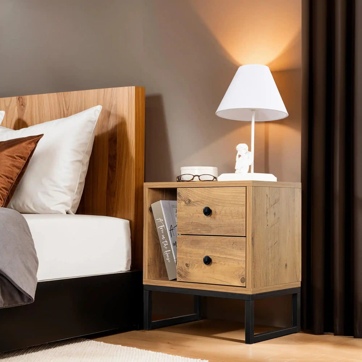 Noptiera GLIMMER, stejar/negru, PAL/metal, 46x30x50 cm