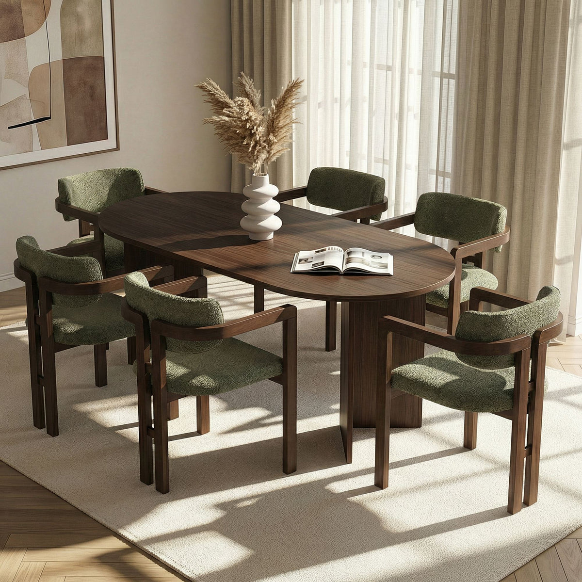 Set masă și scaune dining (7 piese), Meridia 6 - Milano Walnut, Dark Walnut, Green, Nuc Milano / Nuc închis / Verde