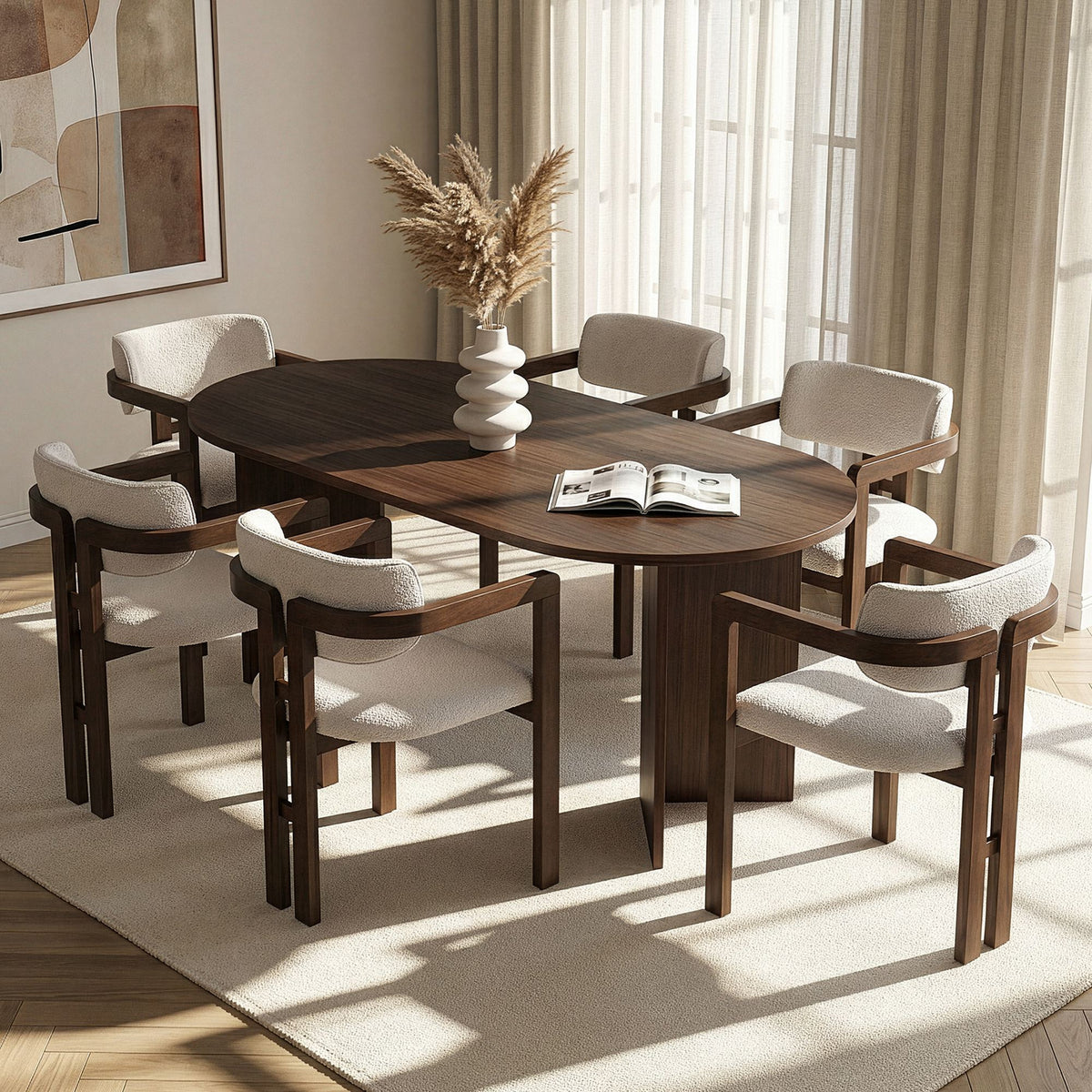 Set masă și scaune dining (7 piese), Meridia 6 - Milano Walnut, Dark Walnut, White, Nuc Milano / Nuc închis / Alb