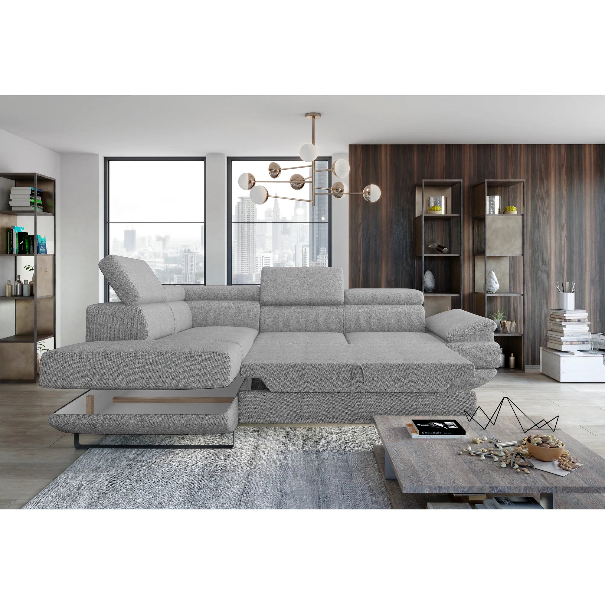 Coltar extensibil GIO, sezlong stanga, stofa clasica galben mustar - Austin 11, cu lada depozitare si tetiere reglabile, 262x200x88 cm
