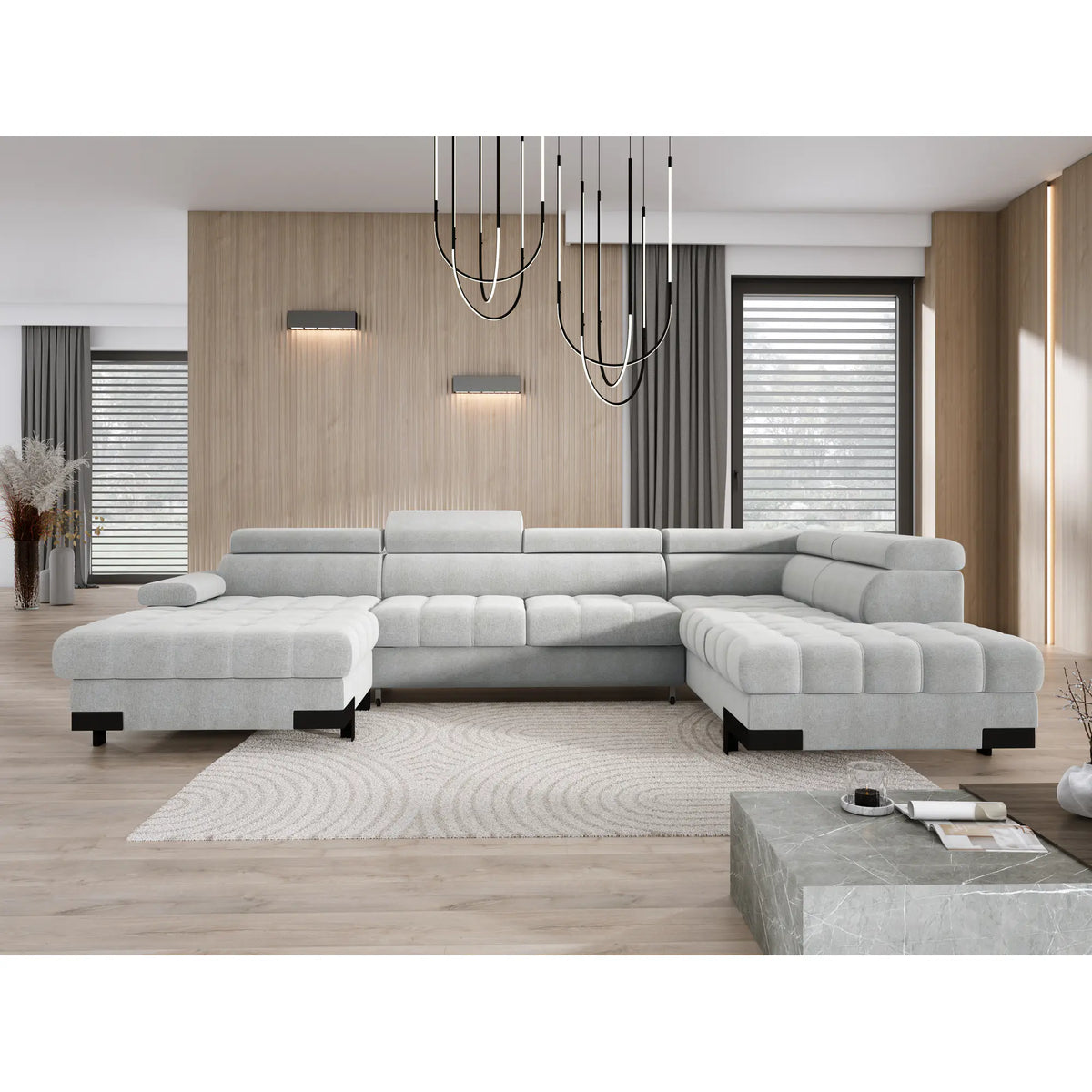 Coltar extensibil SELVA XL, sezlong dreapta, stofa catifelata gri - Crown 18, Gama Premium, cu lada depozitare si tetiere reglabile, 339x223x95 cm