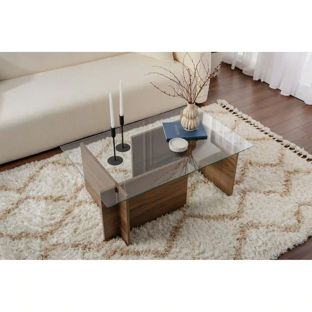 Masuta cafea VETRINO, nuc/transparent, sticla/PAL, 105x65x40 cm