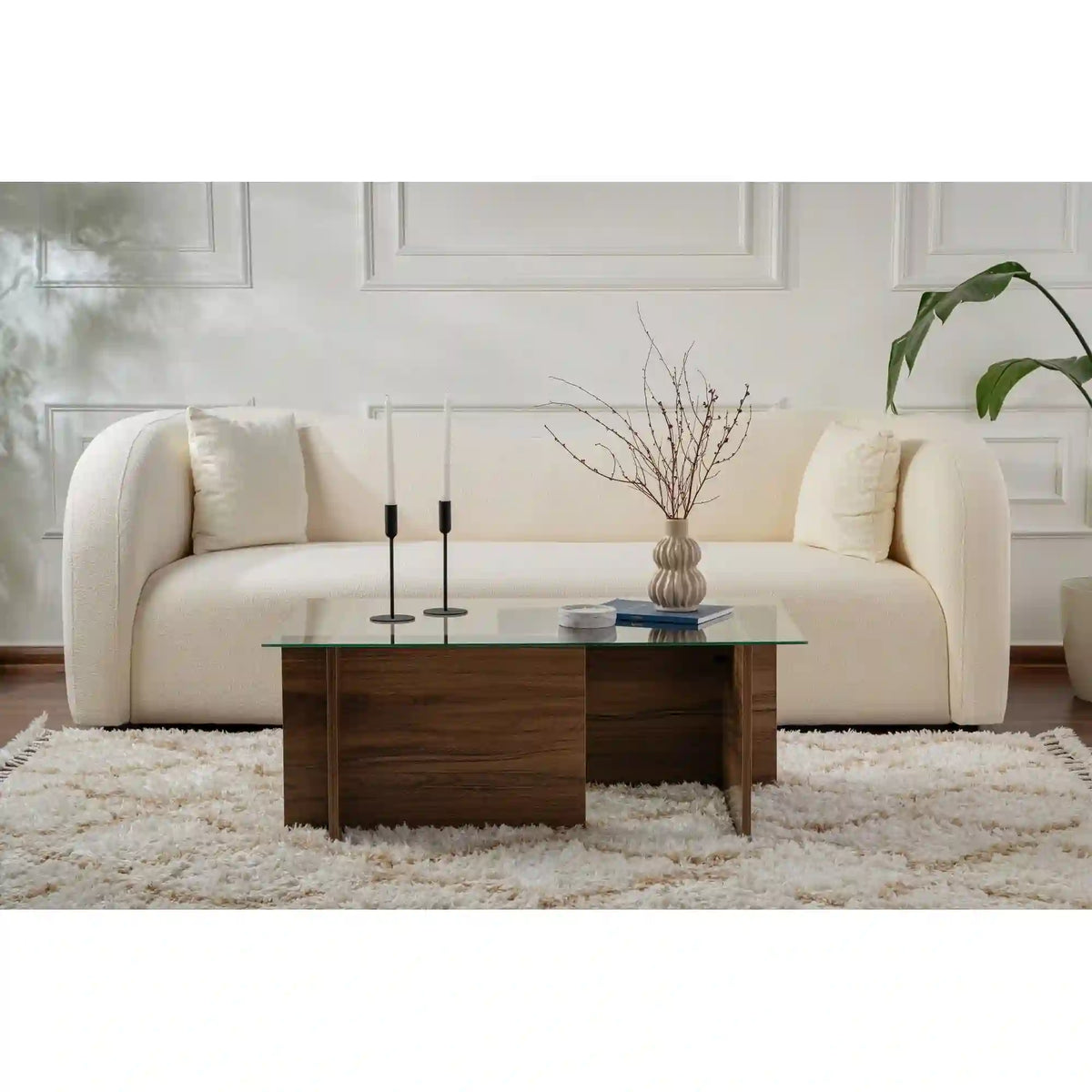 Masuta cafea VETRINO, nuc/transparent, sticla/PAL, 105x65x40 cm