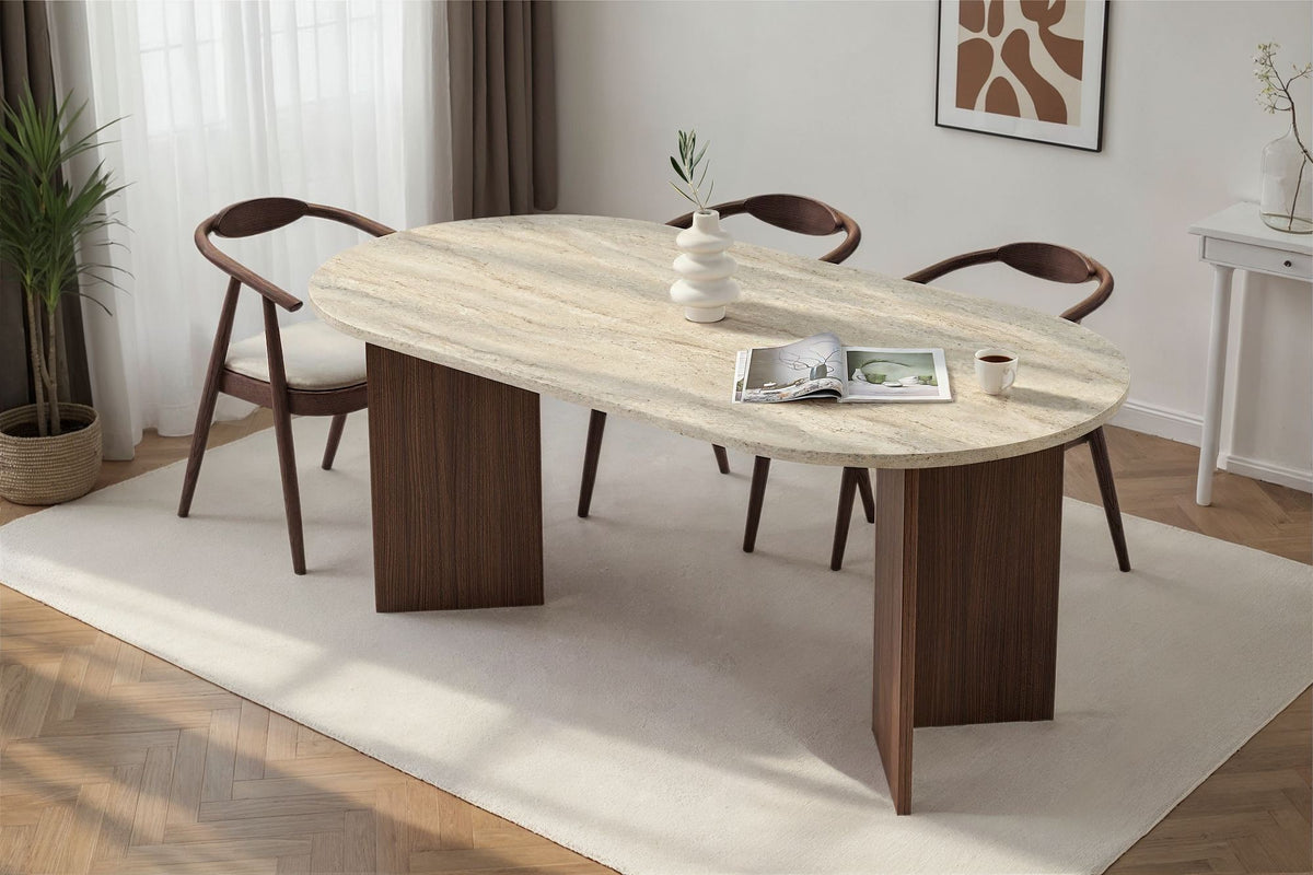 Masă dining, Sablin - Travertine, Milano Walnut, Travertin / Nuc Milano