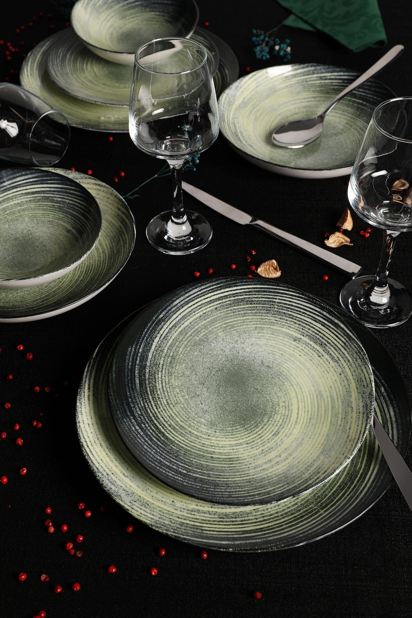 Set veselă (24 piese), GBSATN24KY4101630, Crem / Verde / Negru