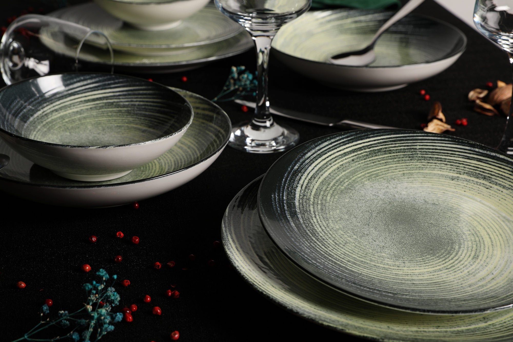Set veselă (24 piese), GBSATN24KY4101630, Crem / Verde / Negru