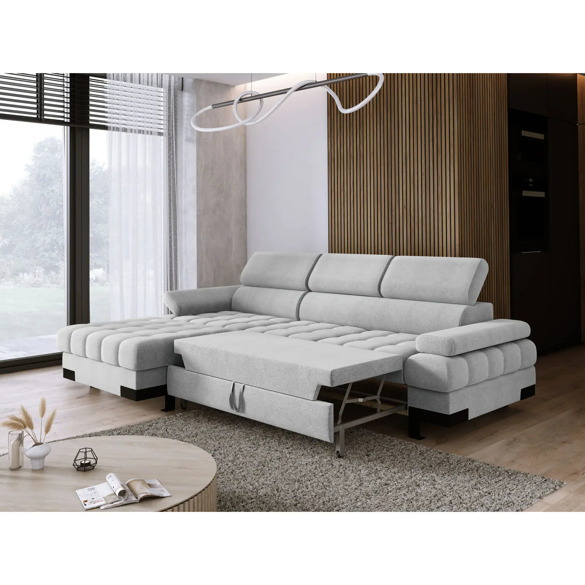 Coltar extensibil SELVA MINI, sezlong stanga, stofa catifelata caramiziu - Salvador 07, Gama Premium, cu lada depozitare si tetiere reglabile, 270x173x95 cm