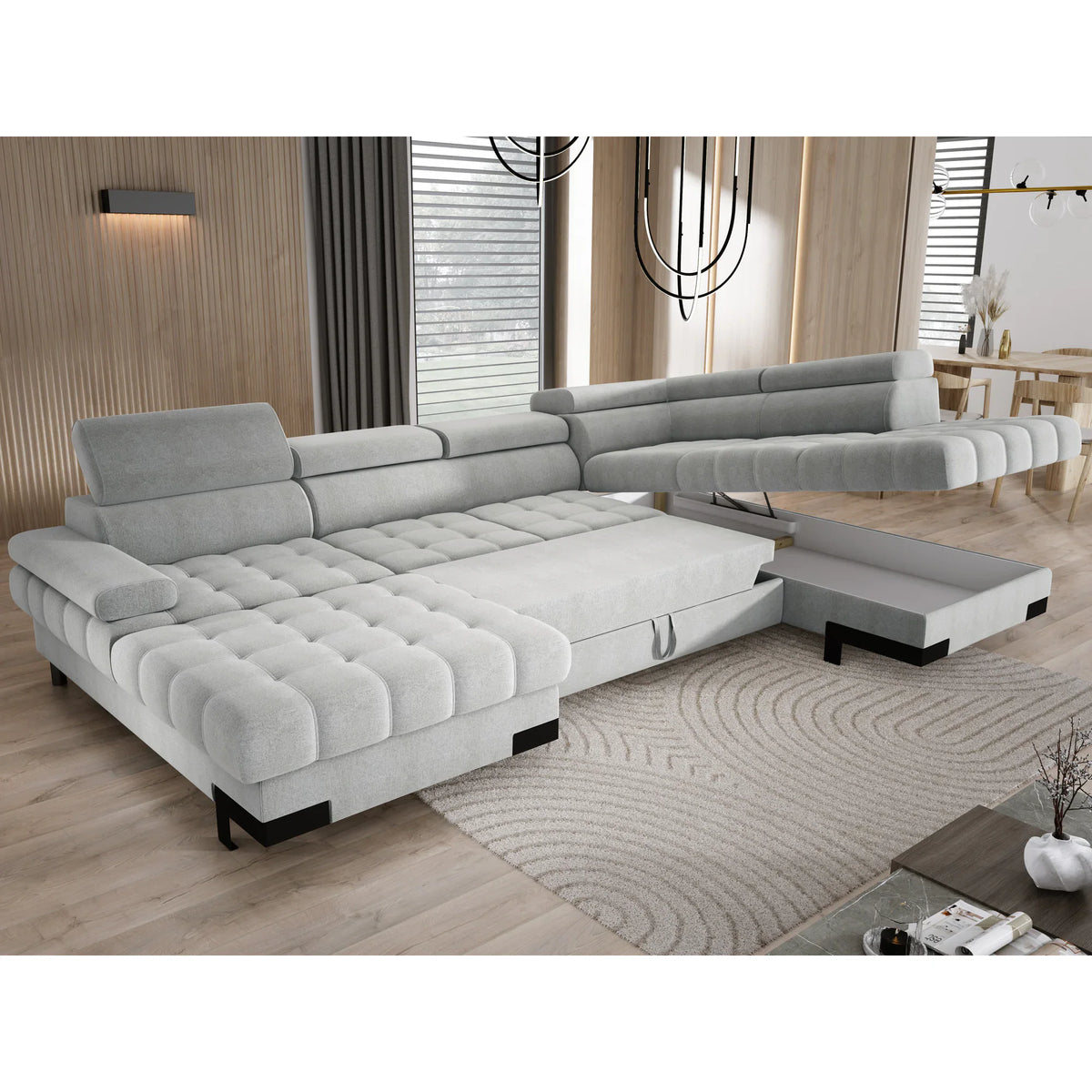 Coltar extensibil cu lada SELVA XL, sezlong dreapta, stofa catifelata verde - Riviera 38, Gama Premium, cu tetiere reglabile, 339x223x95 cm