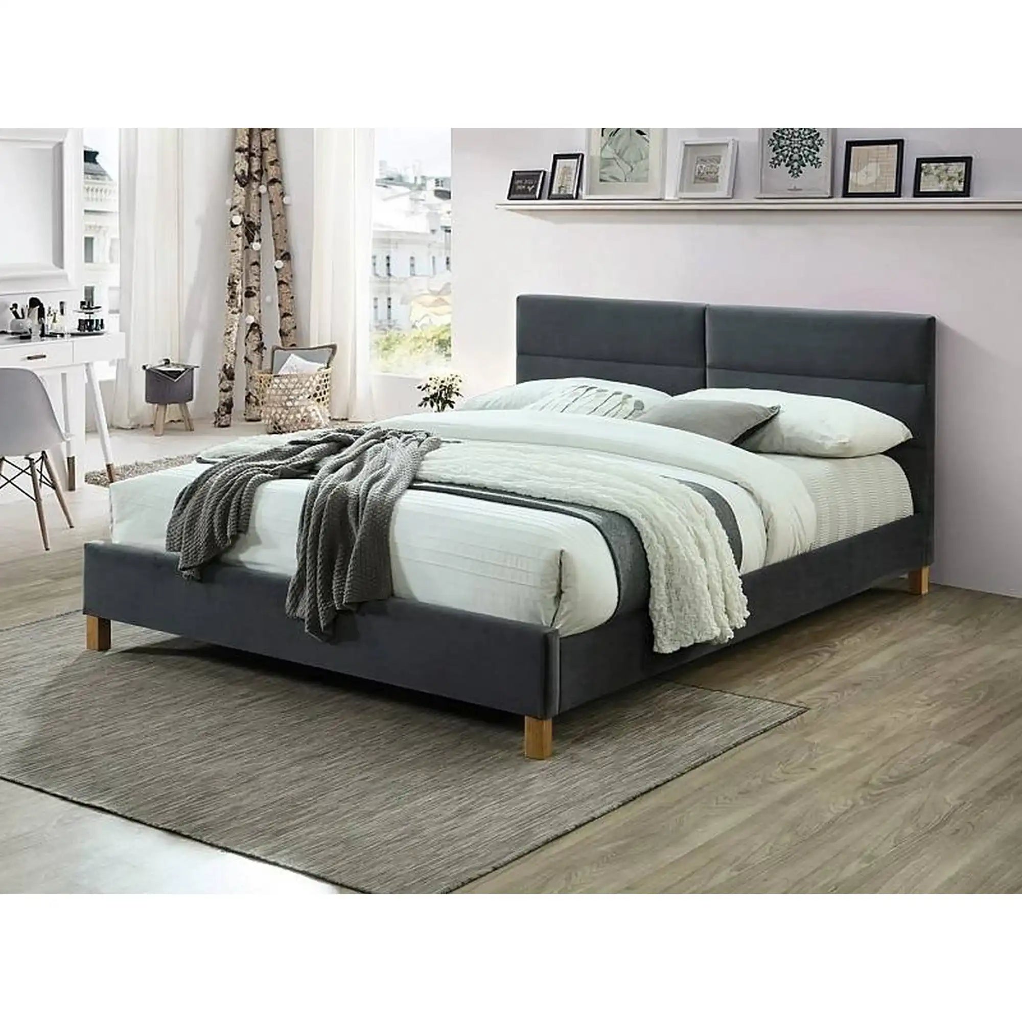 Pat o persoana tapitat SIERRA 120x200, stofa catifelata gri - Tap. 150, somiera inclusa