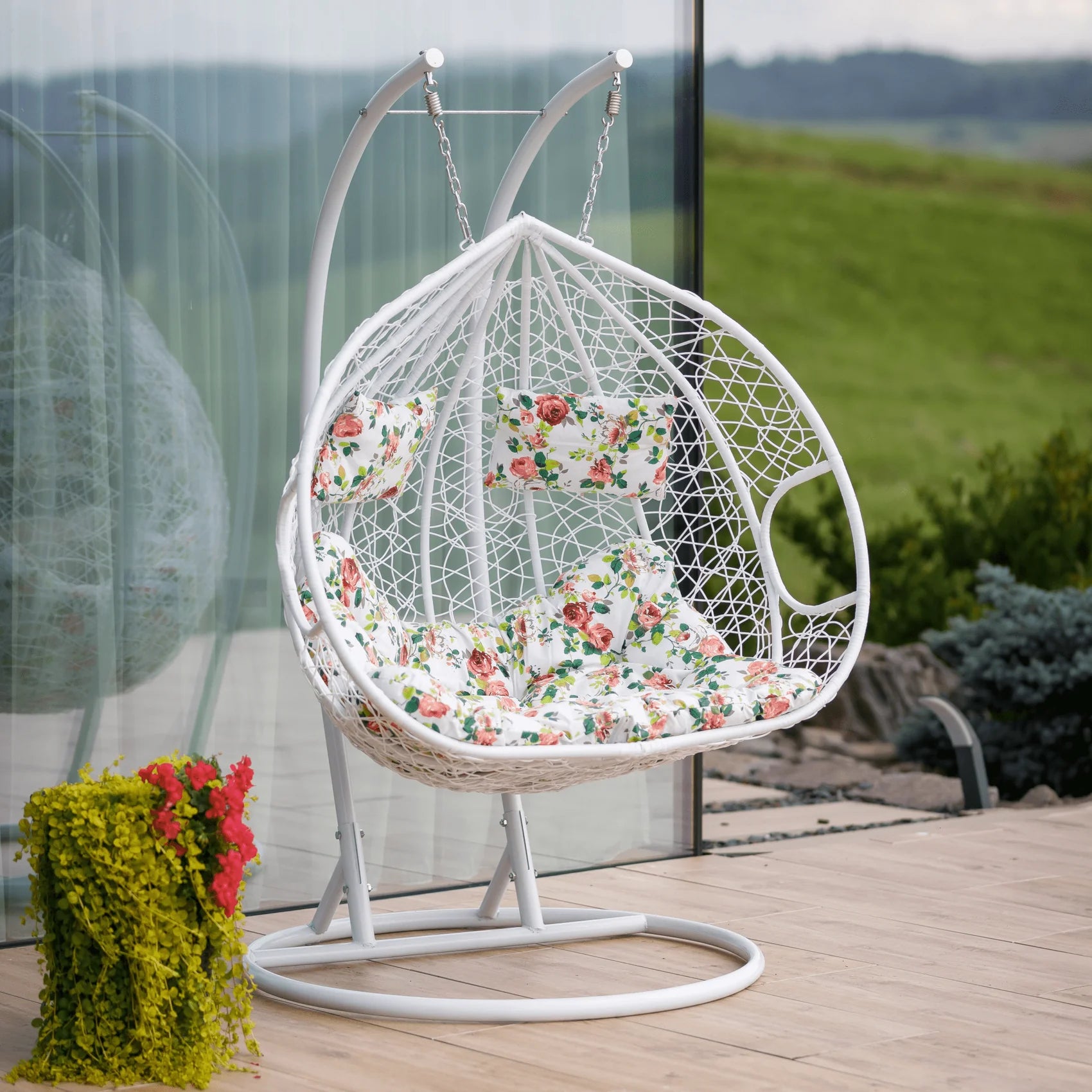 Balansoar gradina DALVEA 2 NEW, alb, rattan sintetic/metal, 133x117x195 cm
