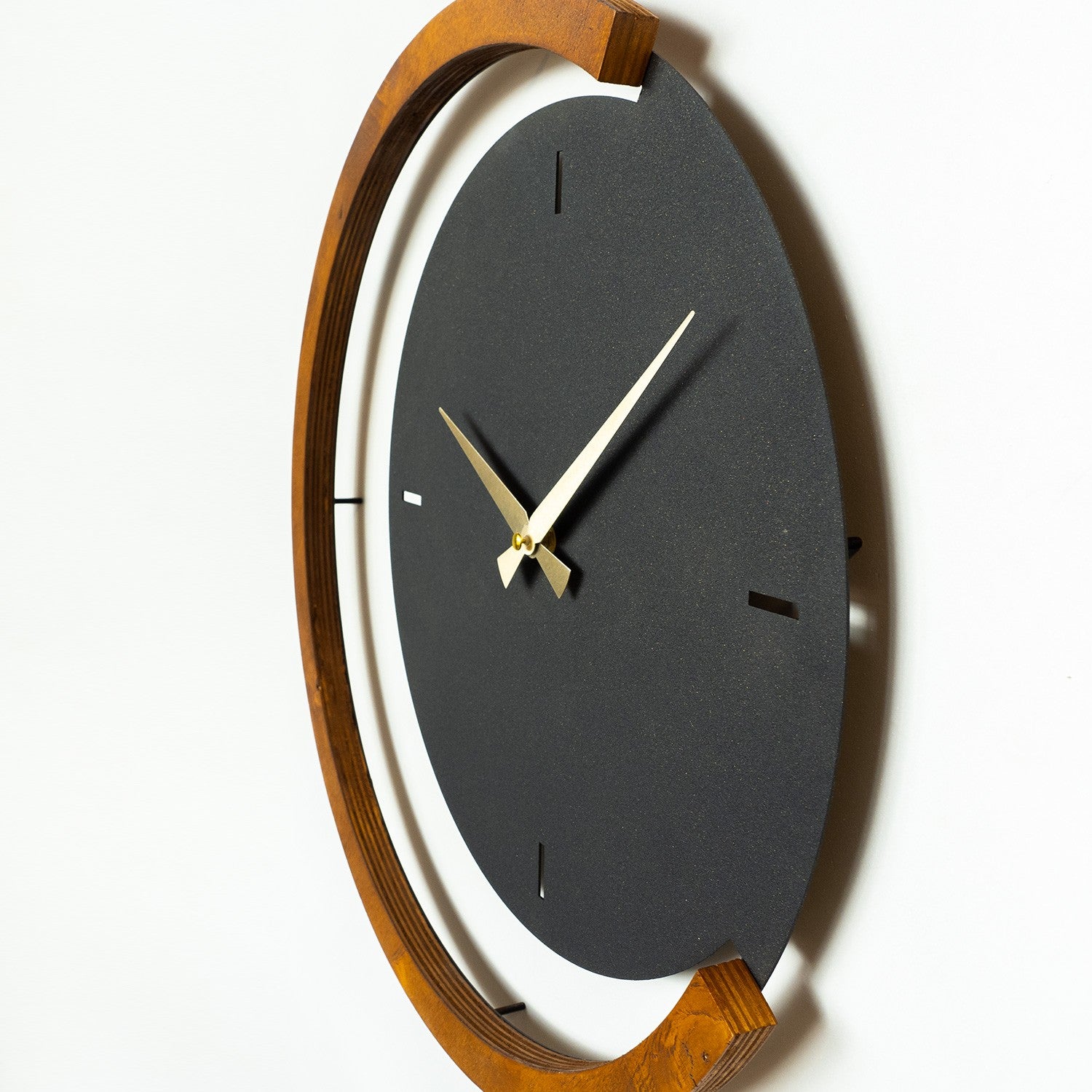Ceas decorativ metalic de perete, Moon Time Wooden Metal Wall Clock - APS117, Negru / Nuc