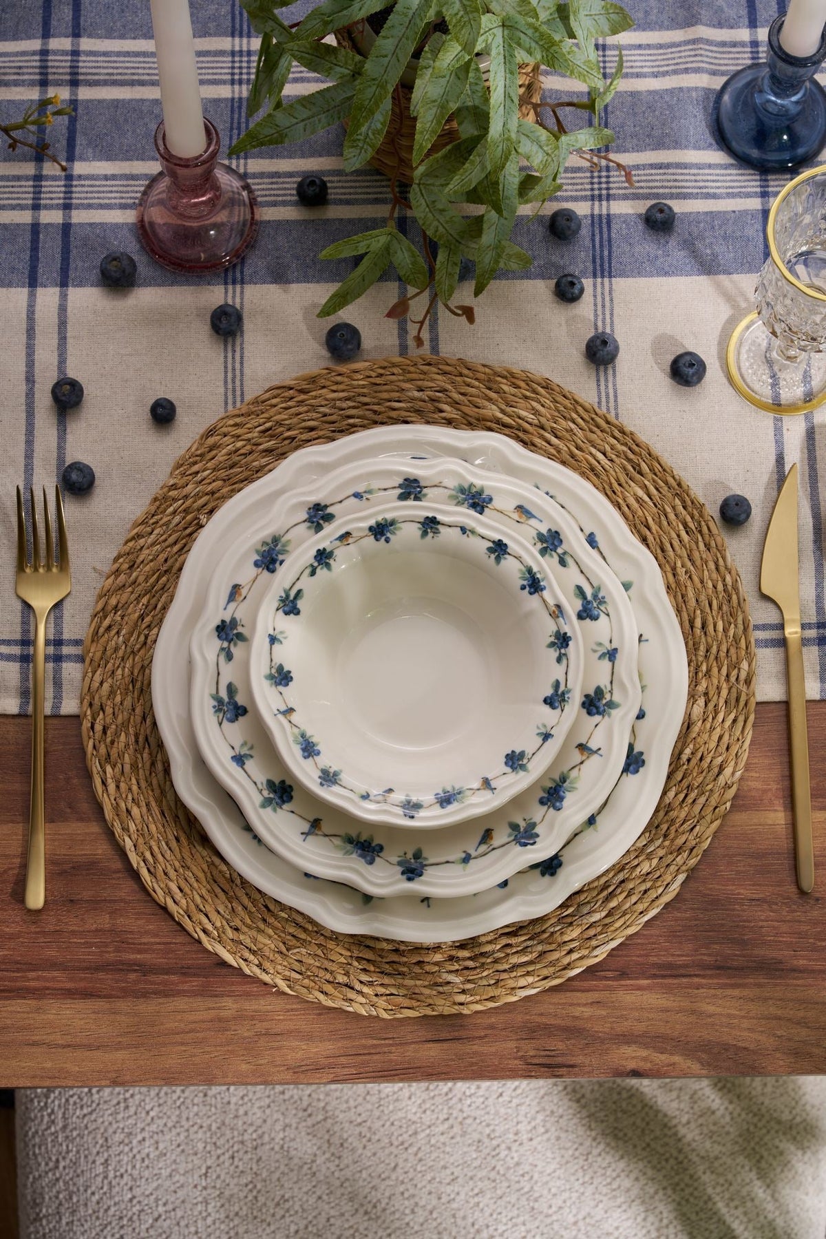 Set veselă (24 piese), Blueberry, Alb / Albastru / Verde