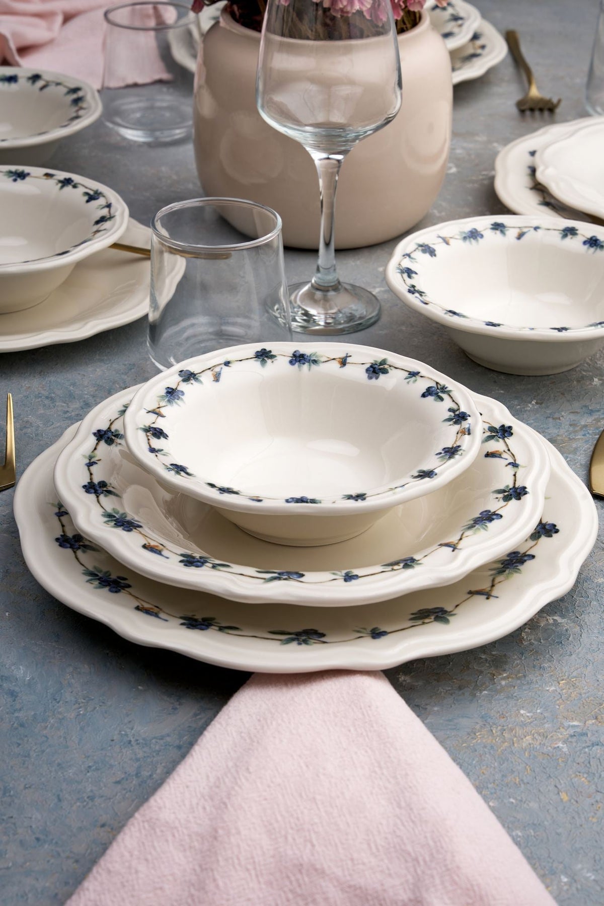Set veselă (24 piese), Blueberry, Alb / Albastru / Verde